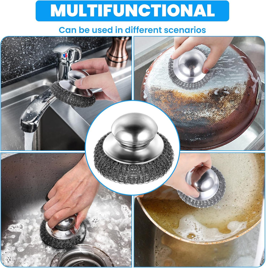 4 Pcs Steel Wool Scrubber with Handle Heavy Duty Metal Pot Scrubber Brush 16 Pcs Stainless Wool for Cleaning Dishes Pans Steel Scouring Pad for Kitchen Cast Iron Sink Griddles Grills