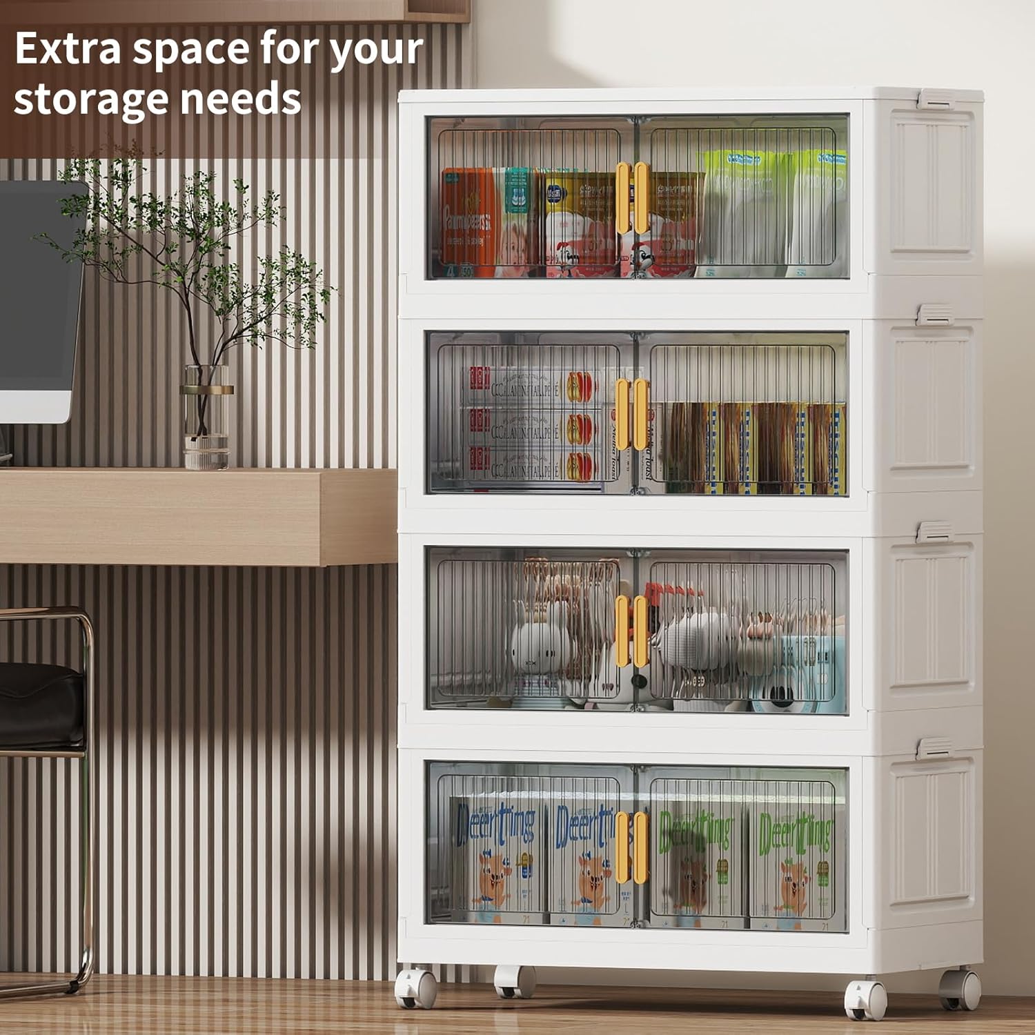 100Gal Stackable Plastic Storage Bins with Lids, Collapsible Closet Organizers and Storage with Wheels for Living Room,Office,Dorm, 30.5" W x 14.6" D x 60" H, 4 Tier