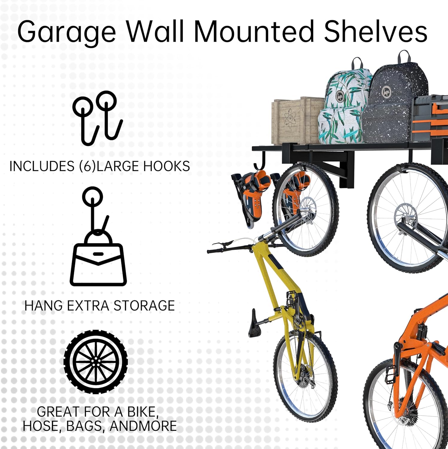 1-Pack Garage Wall Shelving,Heavy Duty Garage Storage Shelves, Wall Mounted Storage Shelving with 6 Hooks, 250LB Capacity, Black