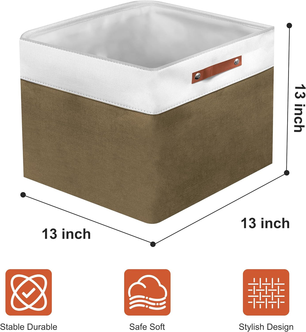 13in Open Fabric Storage Basket with Leather Handles for Organizing, Collapsible Linen Closet Bins for Shelves, Closets, Laundry, Decorative Basket for Gifts. (White＆Brown, 3PCS/13x13in)