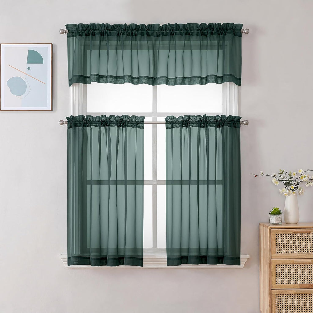 Chyhomenyc Hunter Green Sheer Curtains 36 inch Length 2 Panels, Light Filtering Voile Rod Pocket Short Window Curtians for Bathroom Living Room Farmhouse Small Windows, 42Wx36L inches