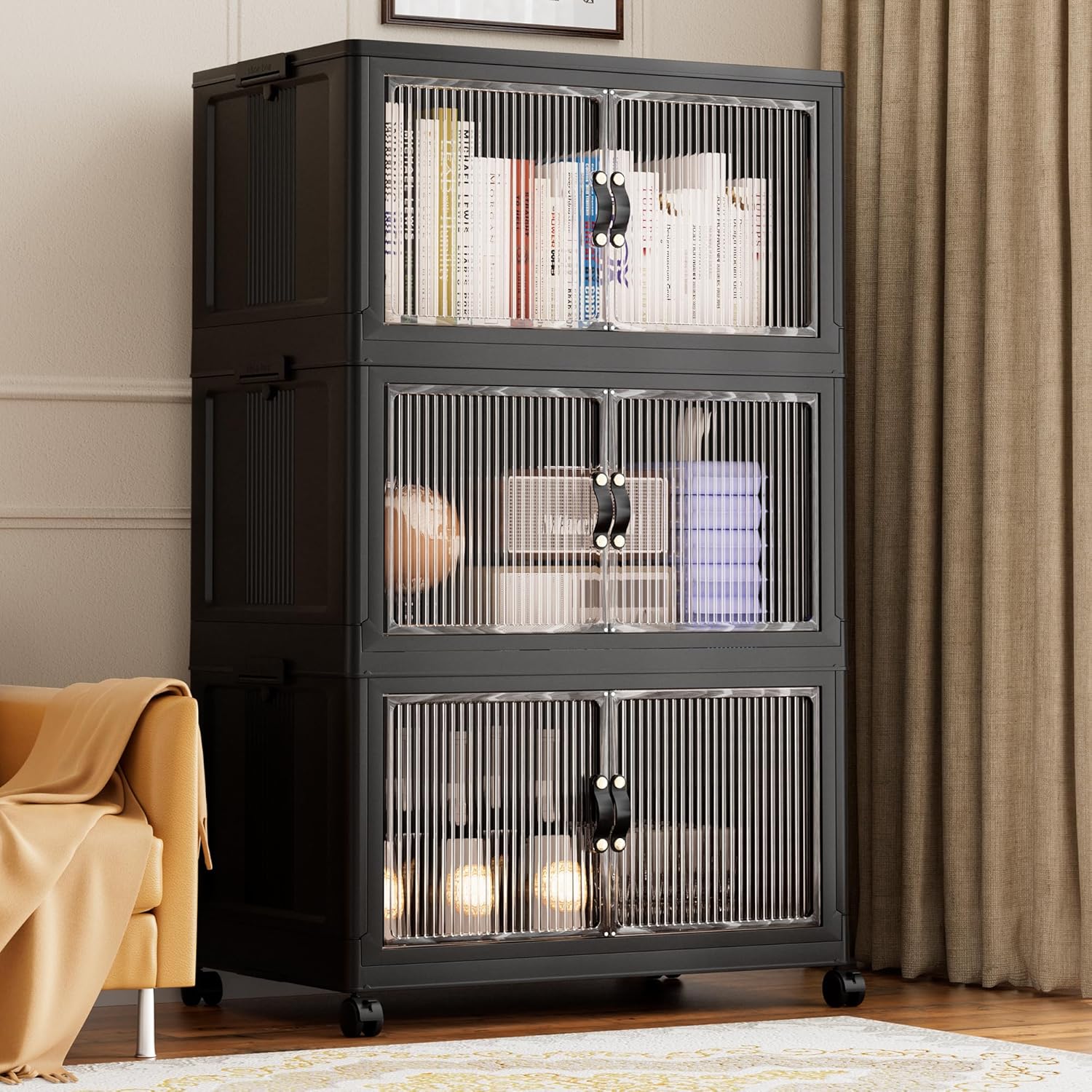 Jalove 90Gal Large Storage Bins with lids, 360QT Plastic Stackable Storage Containers with Wheels, Collapsible Closet Organizer and Storage Drawers,Clothes Organization for Cabinet Home, 3Pack Black