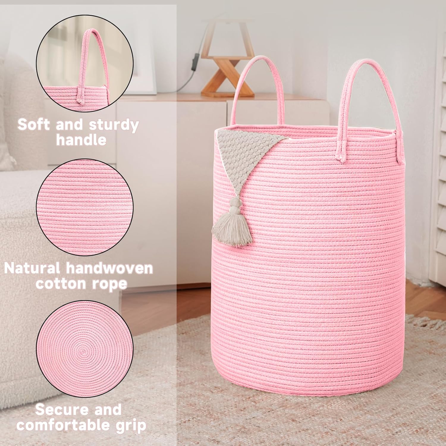 Large Woven Laundry Basket Hamper,60L Cotton Rope Storage Bin for Blankets,Toys and Clothes,Decorative Tall Nursery Hamper for Living Room,Baby Nursery,Bathroom and Bedroom,Pink