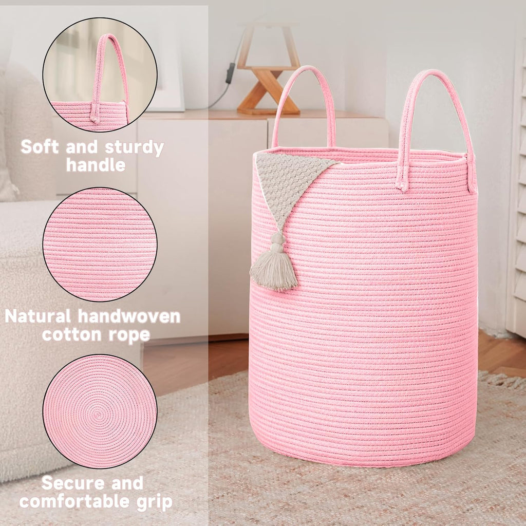 Large Woven Laundry Basket Hamper,100L Cotton Rope Storage Bin for Blankets,Toys and Clothes,Decorative Tall Nursery Hamper for Living Room,Baby Nursery,Bathroom and Bedroom,Pink