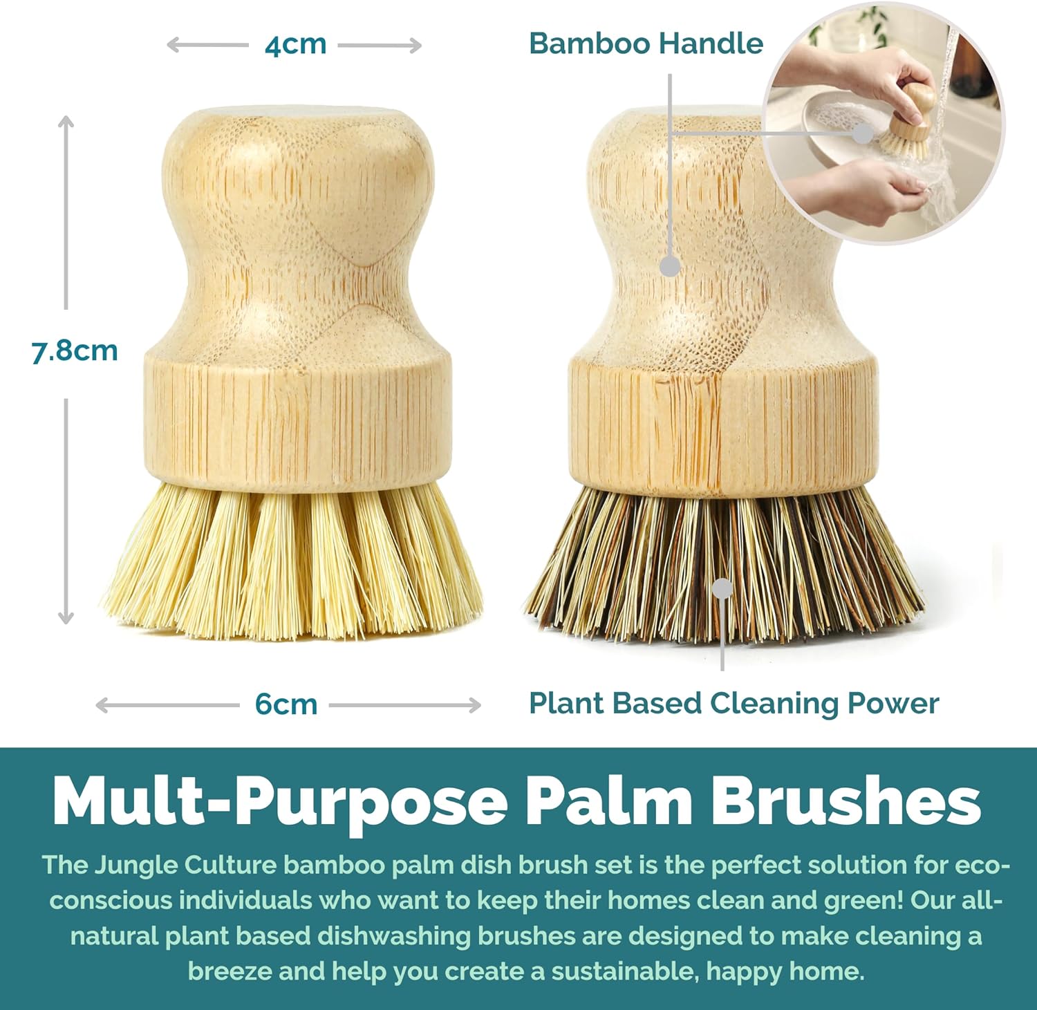 Jungle Culture Kitchen Dish Scrubber Set of 2 • Bamboo Dish Brush for Washing Pots, Pans, Dishes & Plates • Natural Bristle Wooden Brushes for Washing Up • Zero Waste Firm & Soft Eco Scrub Brush