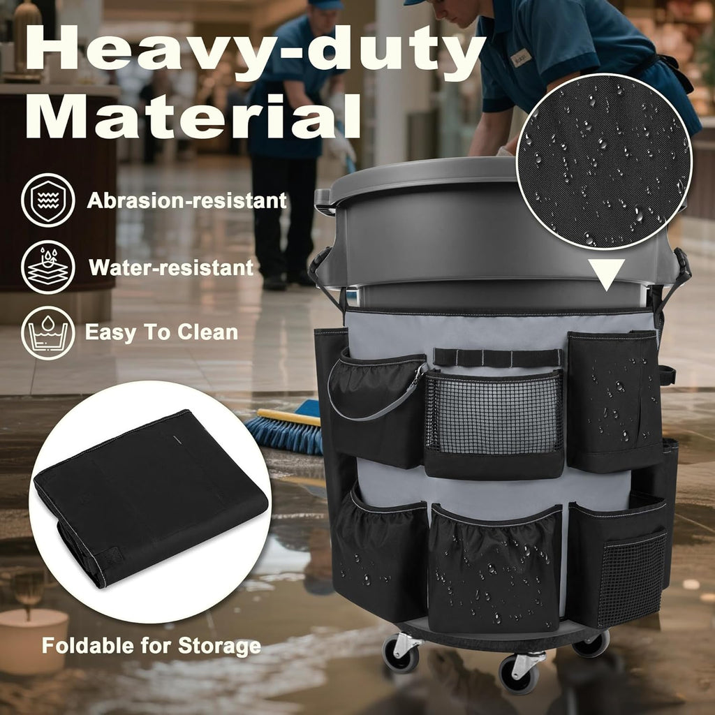 32-55 Gallon Trash Can Caddy Bag, Garbage Bin Apron Caddy with Multiple Pockets for Cleaning Supplies, Cleaning Tool Organizer with Adjustable Buckle for Janitorial Trash Can, Black+Gray