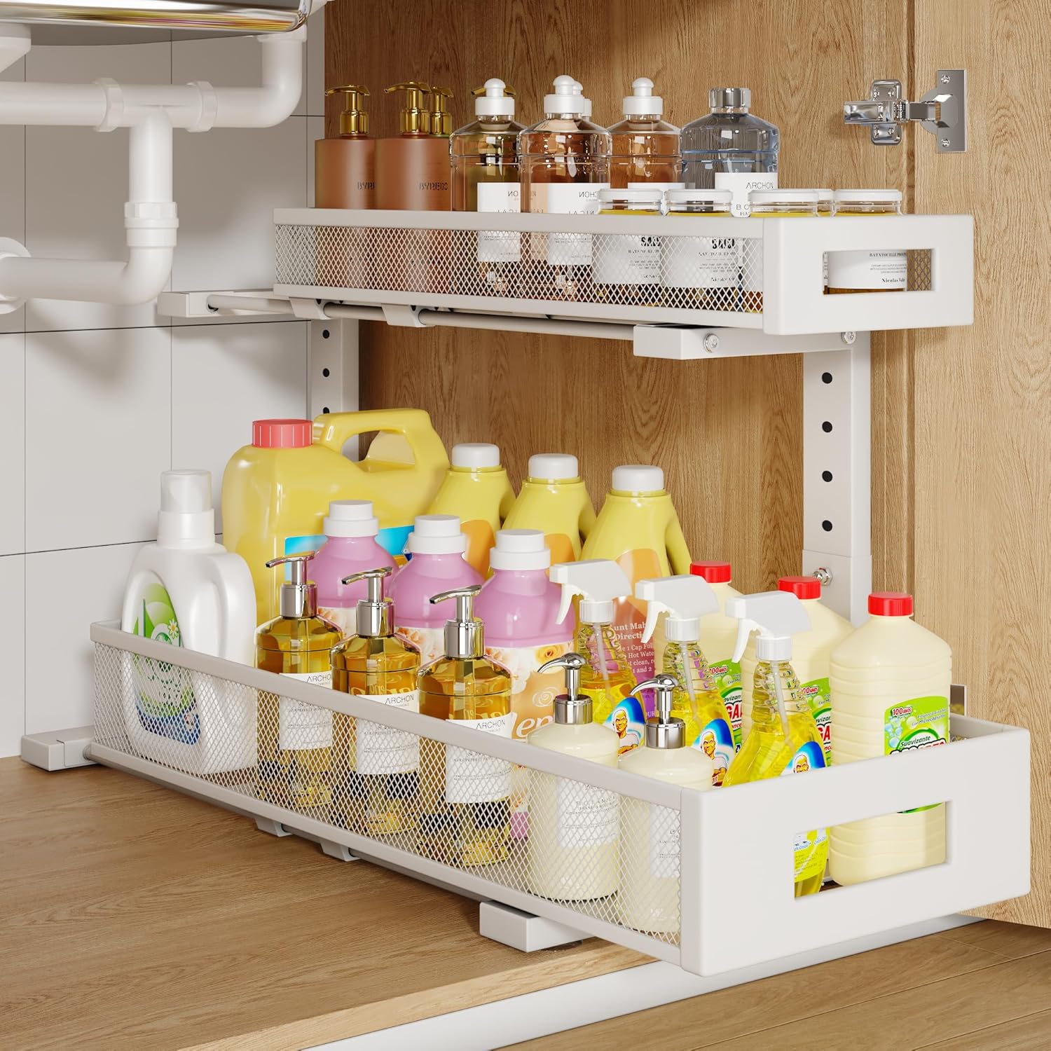 1 Pack 20.47IN Depth Under Sink Storage Organizer, Large 2-Tier Elegant Mesh Pull Out Shelf for Kitchen and Bathroom Cabinet Organization, L-Shaped and Adjustable Height Design-White