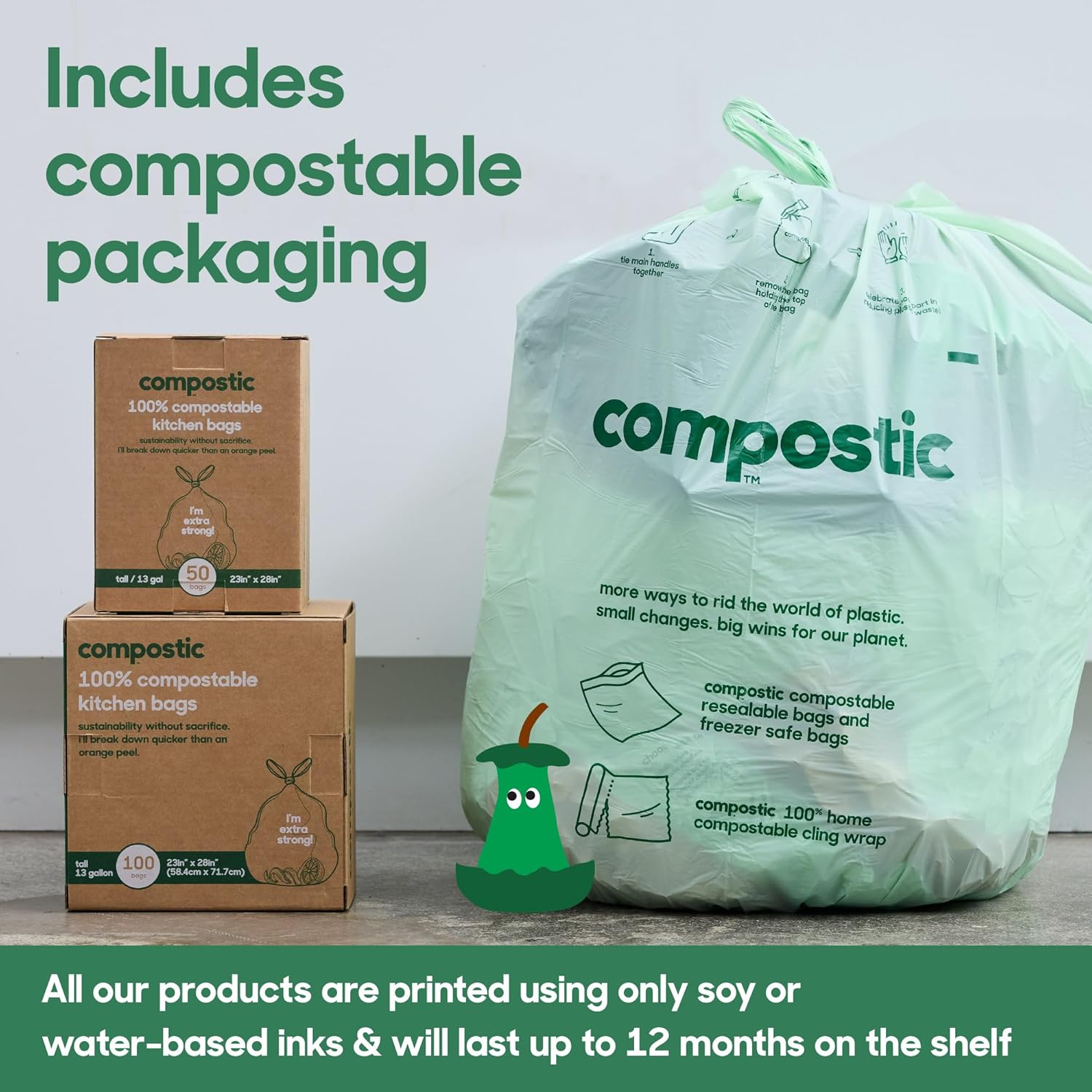 Compostic Home Compostable Trash Bags, 13 Gallon Tall Kitchen Rubbish Bags (23” x 29”), Extra Strong & Quickly Breaks Down, 50 Count