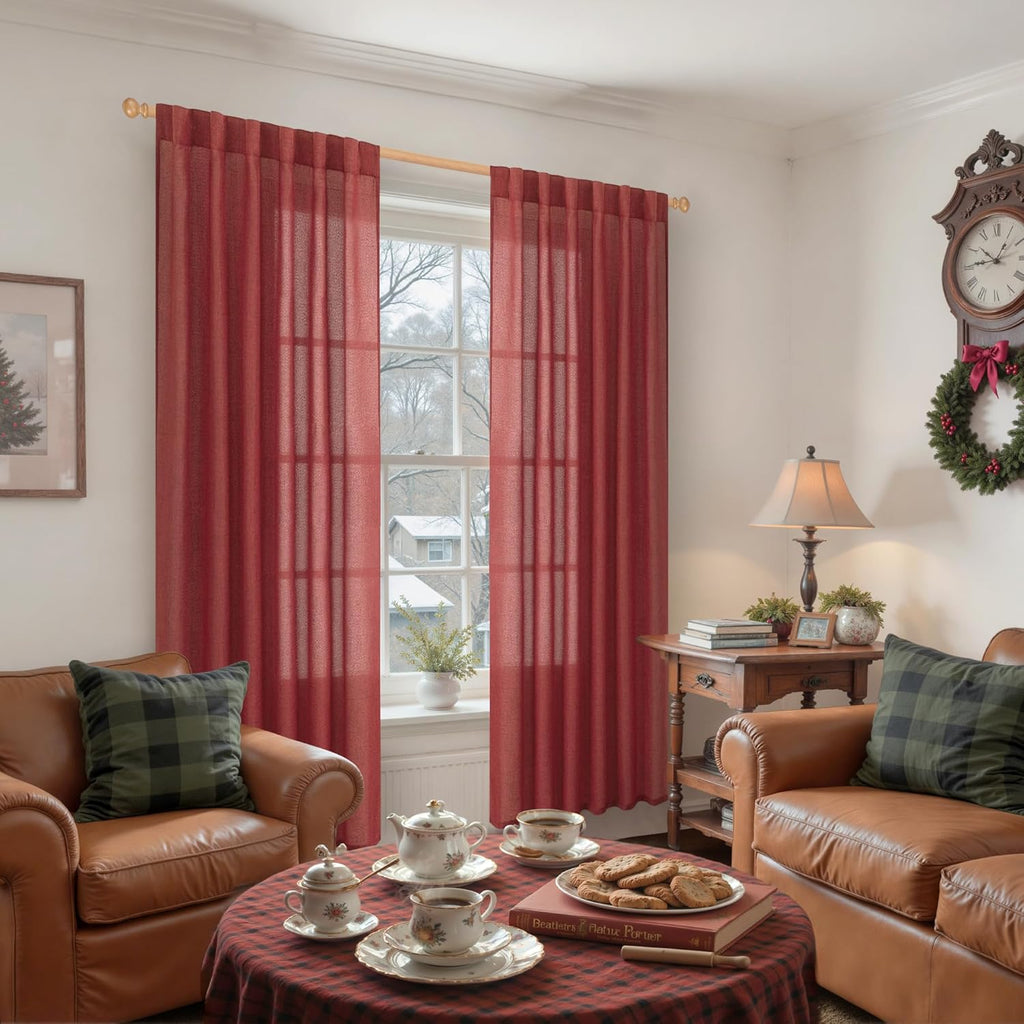 YoungsTex Red Linen Semi Sheer Curtains 78 Inch Length for Living Room, Christmas Light Filtering Window Drapes with Rod Pocket Back Tab for Dining Bedroom, 2 Panels, 52 X 78 Inch