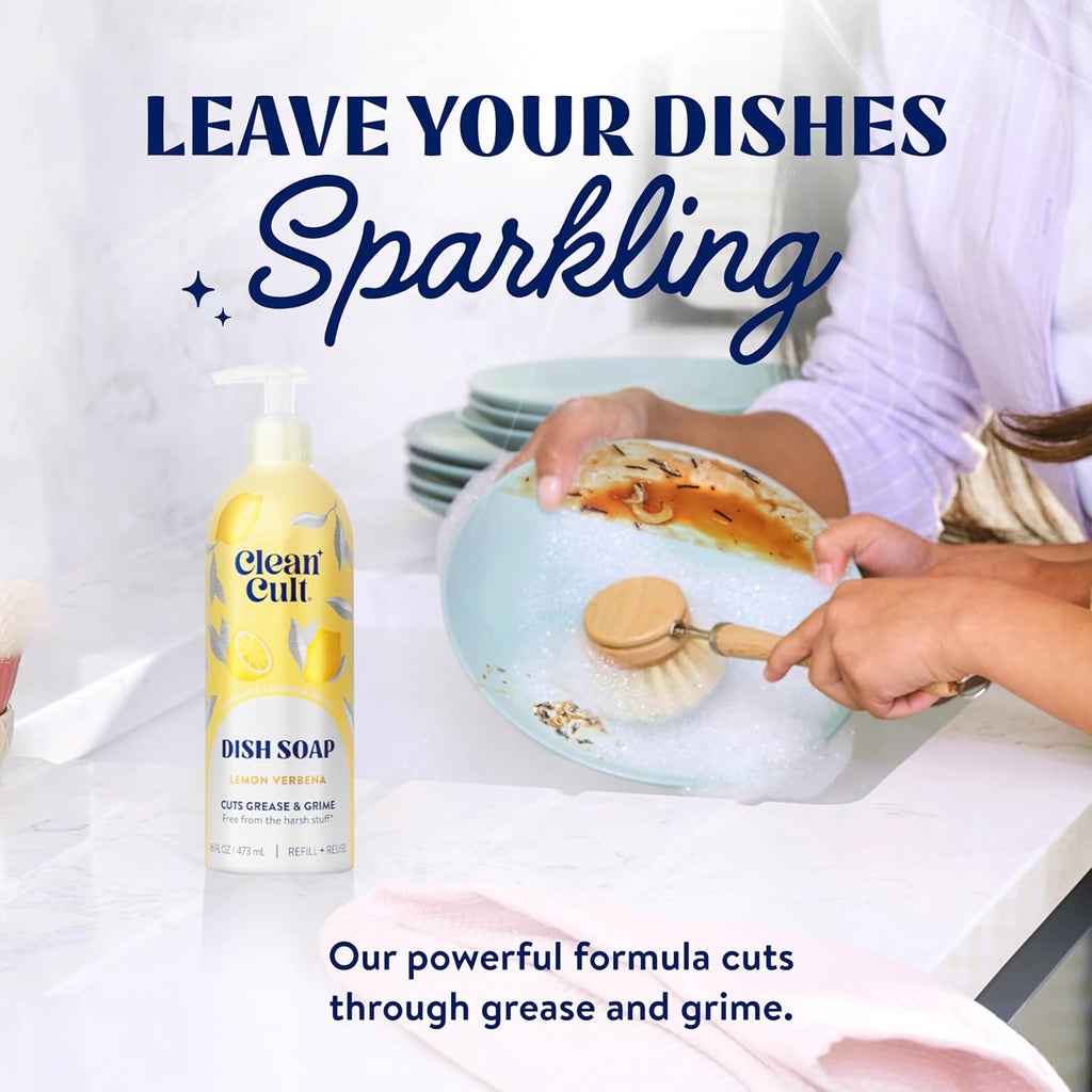 Cleancult Dish Soap Liquid Refill (32oz, 1 Pack) - Plant Based Cleaning Power - Dish Soap that Cuts Grease & Grime - Free of Harsh Chemicals - Uses 90% Less Plastic - Lemon Verbena