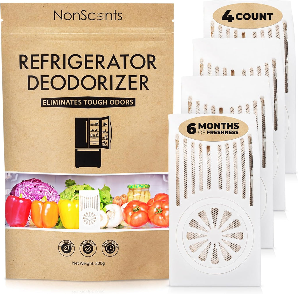 NonScents Refrigerator Deodorizer – Odor Eliminator for Fridge & Freezer – Outshines Baking Soda & Deodorizer with Activated Charcoal – Unscented & Long-Lasting, Freshen Refrigerator (4-Count)