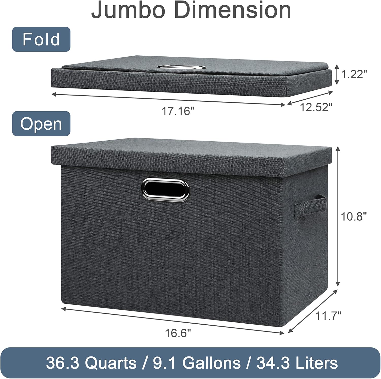 Large 17" 36 Quart Collapsible Stackable Storage Bins with Lids, 3 Packs Dark Gray Foldable Fabric Closet Storage Boxes with Lids, Heavy-duty Linen Cube Baskets(17x12x11)