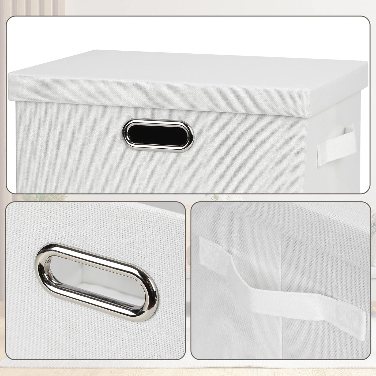 Medium 15" 21 Quart Collapsible Stackable Storage Bins with Lids, 5 Packs White Foldable Fabric Closet Storage Boxes with Lids, Lidded Heavy-duty Linen Baskets(15x11x8)