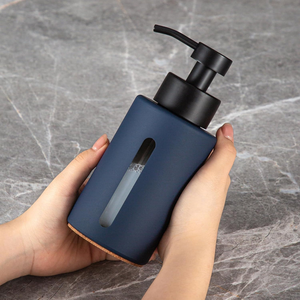 Enra Glass Hand Soap Dispenser,12oz Navy Blue Liquid Bathroom Soap Dispenser with Stainless Steel Lotion Pump for Bathroom Kitchen (Blue)