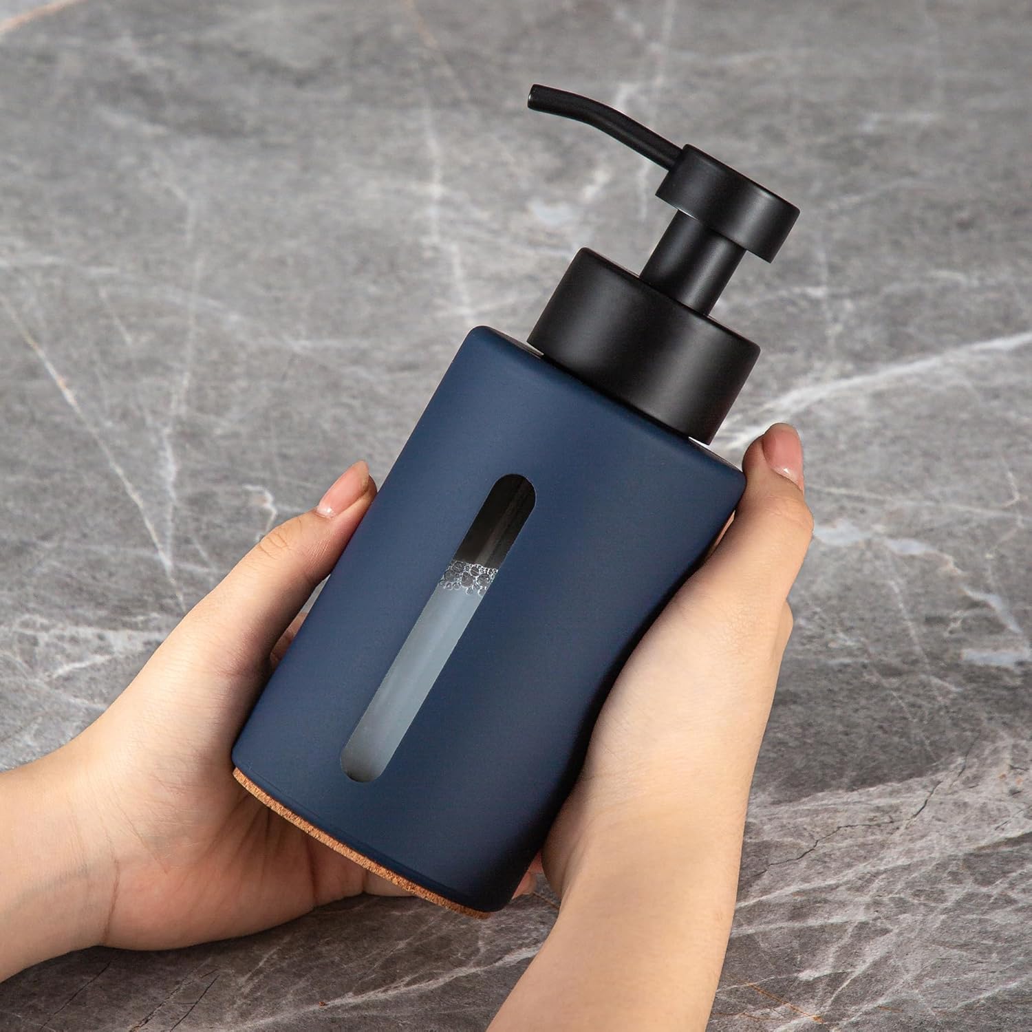 Enra Glass Hand Soap Dispenser,12oz Navy Blue Liquid Bathroom Soap Dispenser with Stainless Steel Lotion Pump for Bathroom Kitchen (Blue)