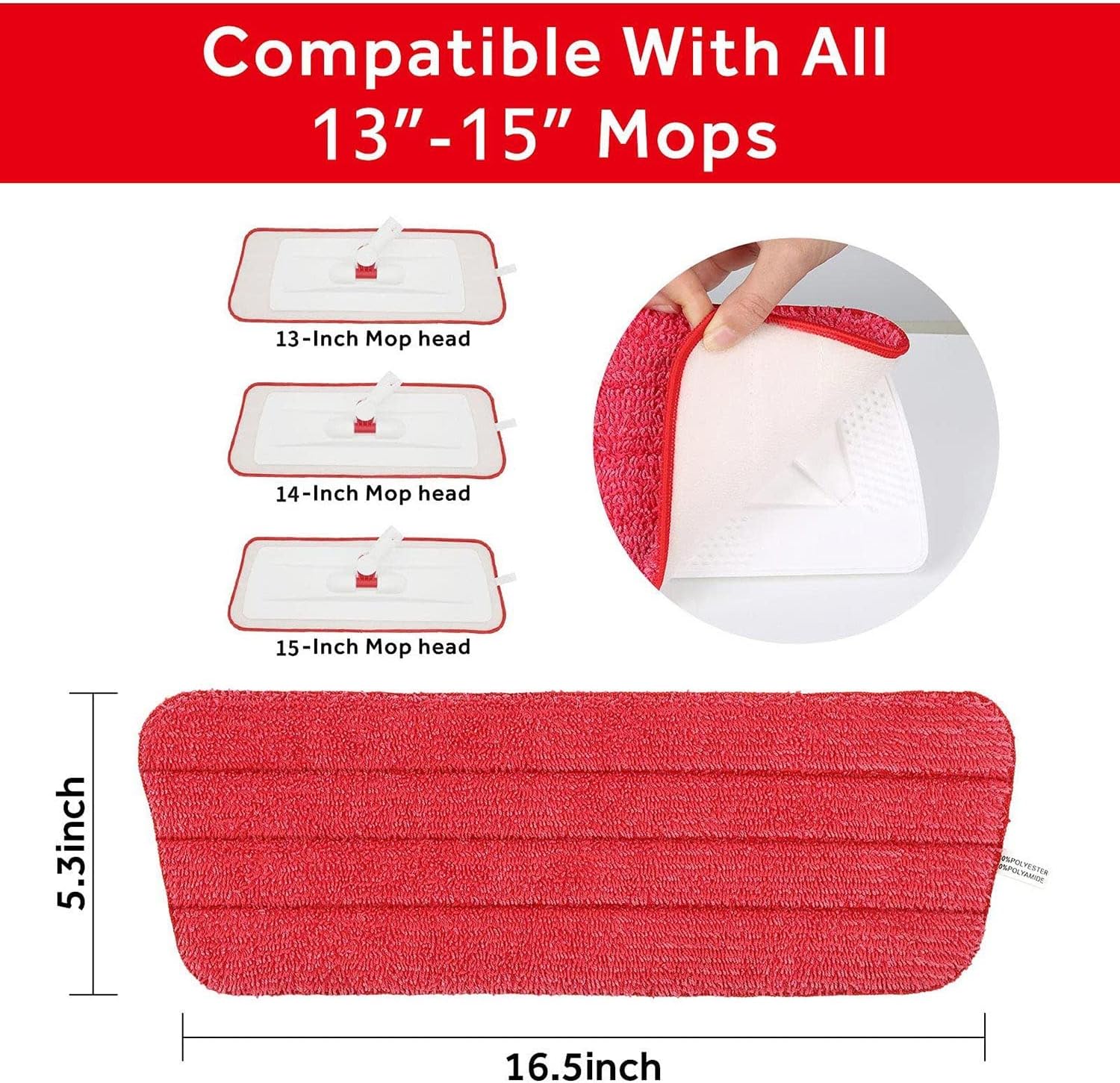 16.5 inch Mop Pads Refills, 3 Pack Microfiber Reusable Replacement Mop Pads Flat Replacements Heads for Wet Or Dry Floor Cleaning and Scrubbing, Red Cloth
