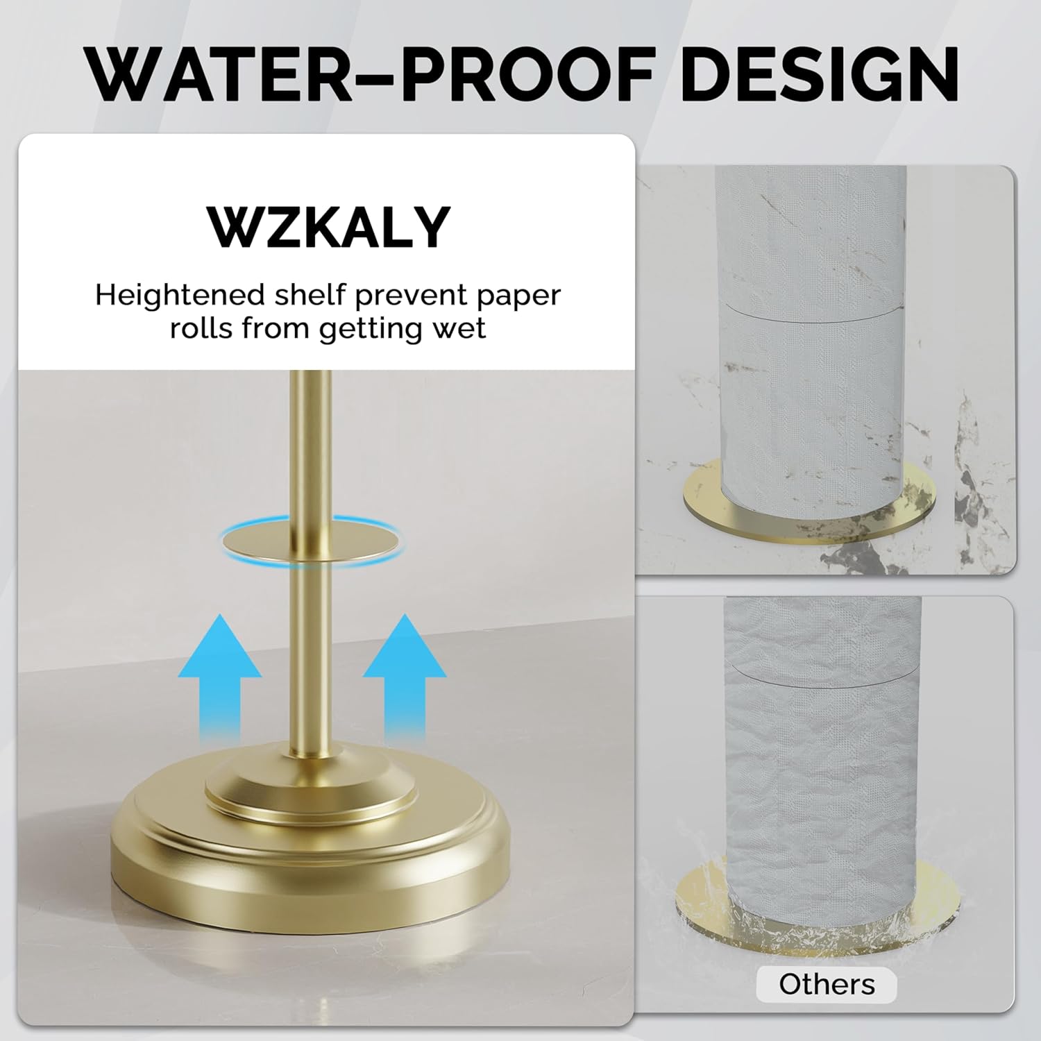 Freestanding Toilet Paper Holder Stand with Storage – Holds 4 Extra Rolls – Brushed Gold Toilet Paper Holder for Bathroom – Sturdy Base, Classic Retro Style, Space-Saving Bathroom Storage