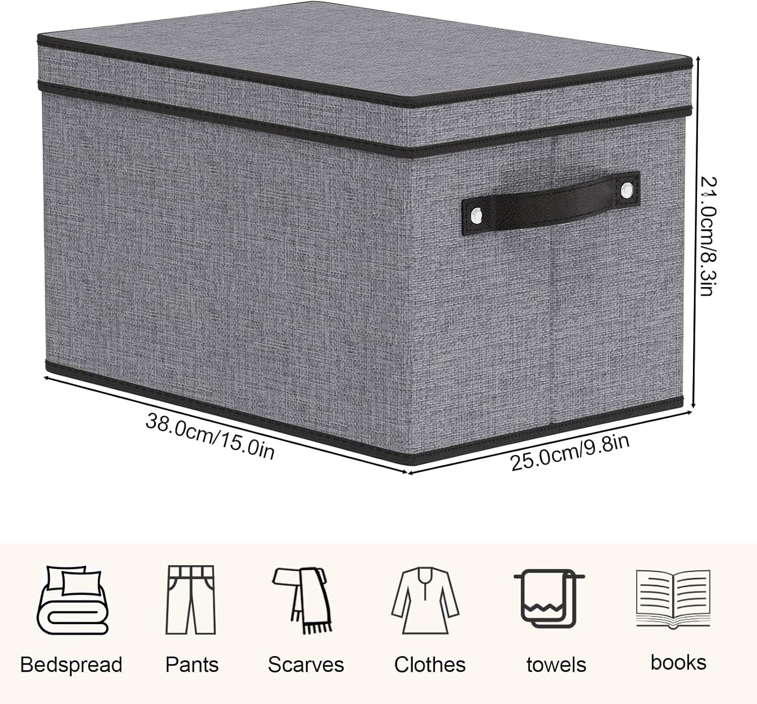 Storage Boxes, 15 x 9.8 x 8.3 Inch Baskets for Organizing with Lids, Fabric Bins with Handles, Decorative Linen Closet Organizers, Gray, 1 Pack