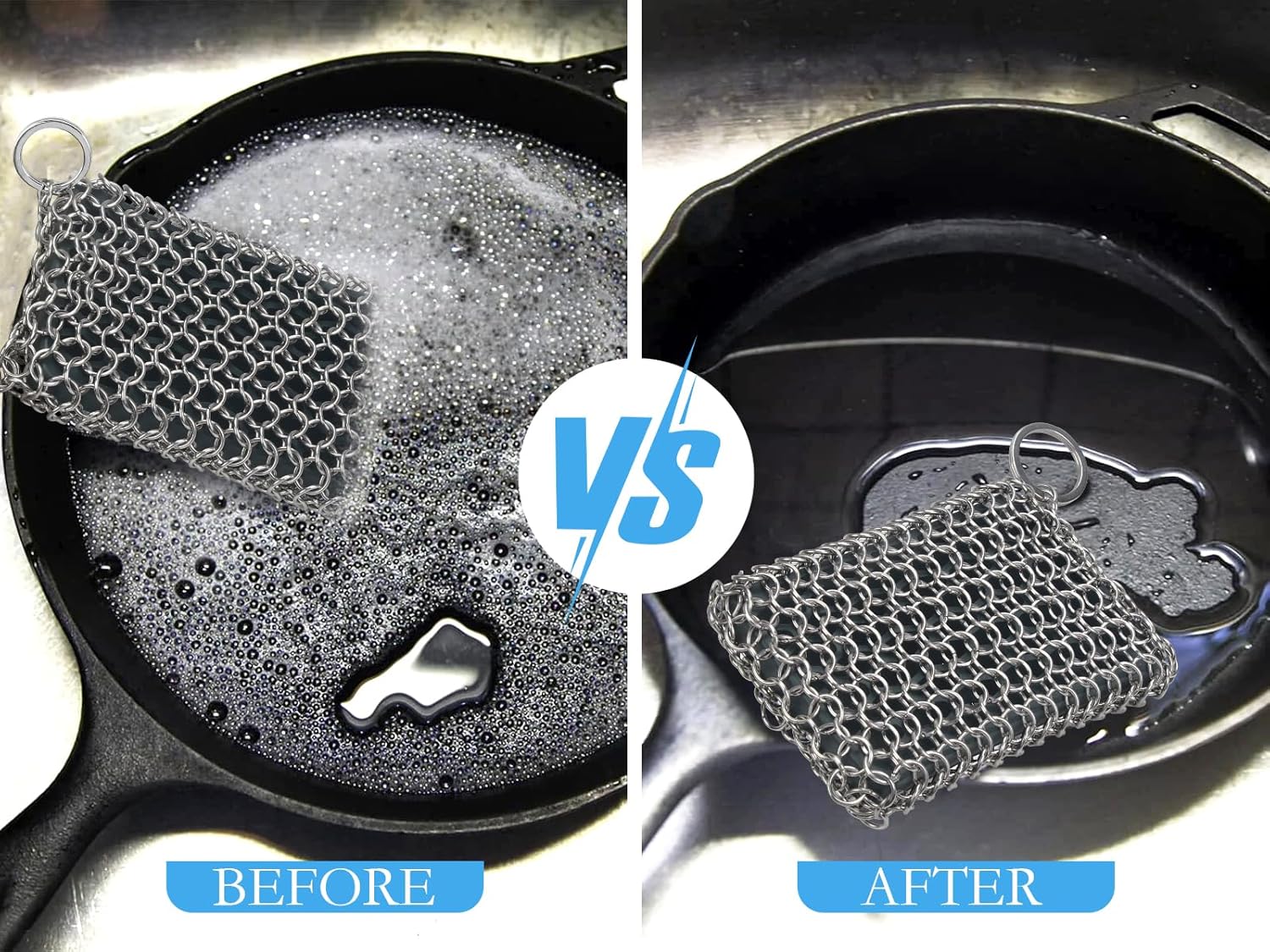 Herda Chain Mail Cast Iron Cleaner Scrubber,316 Chainmail Pan Scrubber Metal Cleaning Brush, Pad, Sponge Scraper to Clean Skillet,Dutch Oven, Wok,Grill Griddle,Chain Link Scrub Brush Pot Care Kit