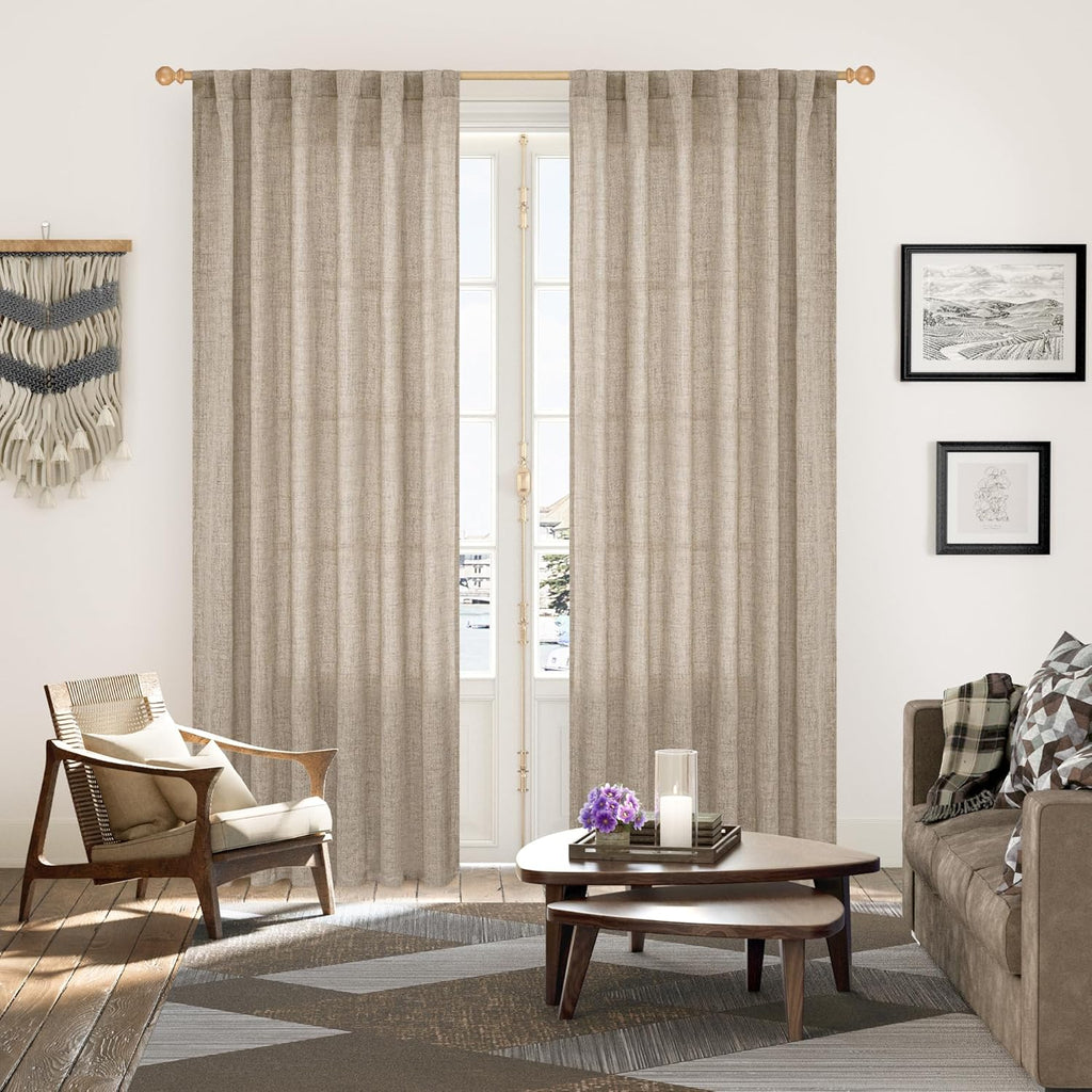 YoungsTex Linen Curtains 84 Inches Long for Living Room Farmhouse, Oatmeal Semi Sheer Drapes Light Filtering Textured Window Treatments with Back Tab Rod Pocket for Bedroom, 2 Panels,52 X 84 Inch