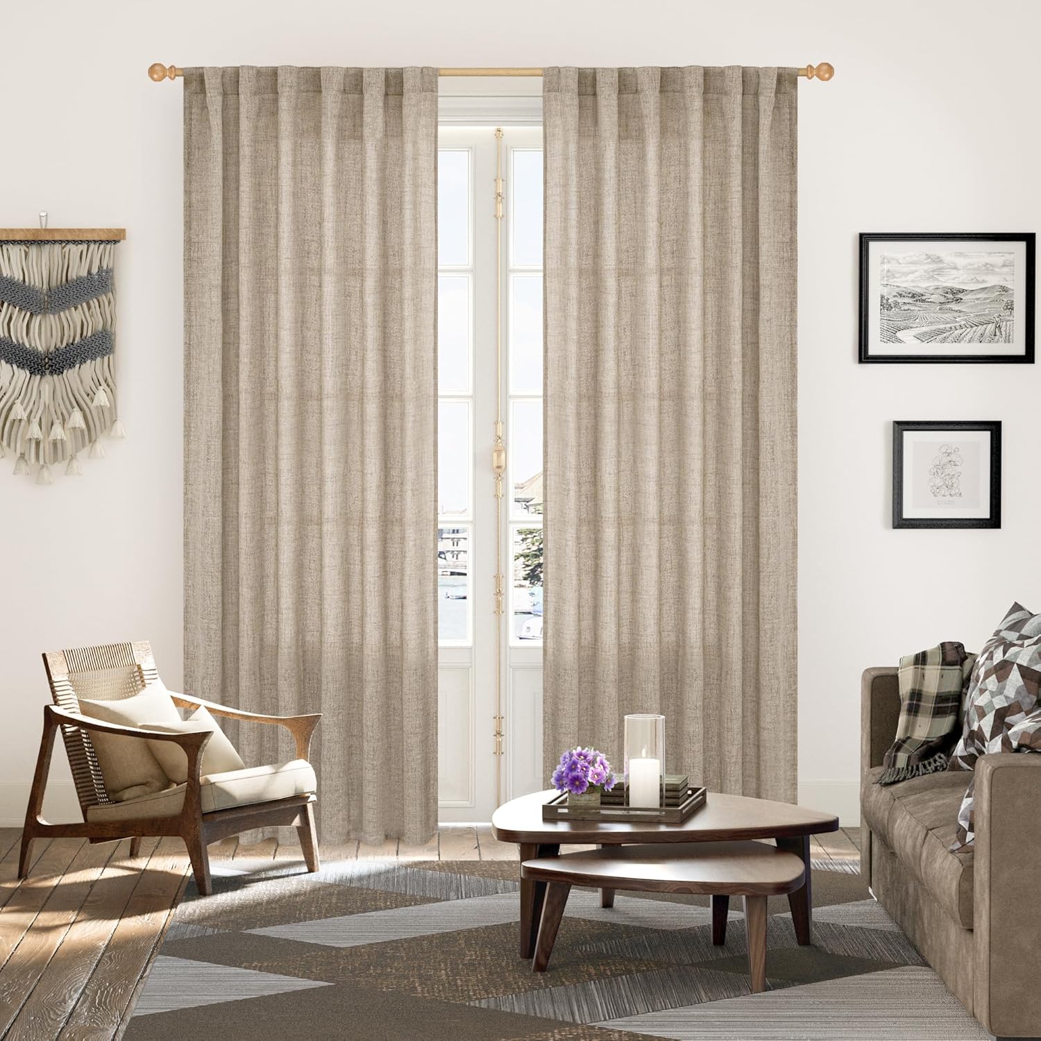 YoungsTex Linen Curtains 84 Inches Long for Living Room Farmhouse, Oatmeal Semi Sheer Drapes Light Filtering Textured Window Treatments with Back Tab Rod Pocket for Bedroom, 2 Panels,52 X 84 Inch