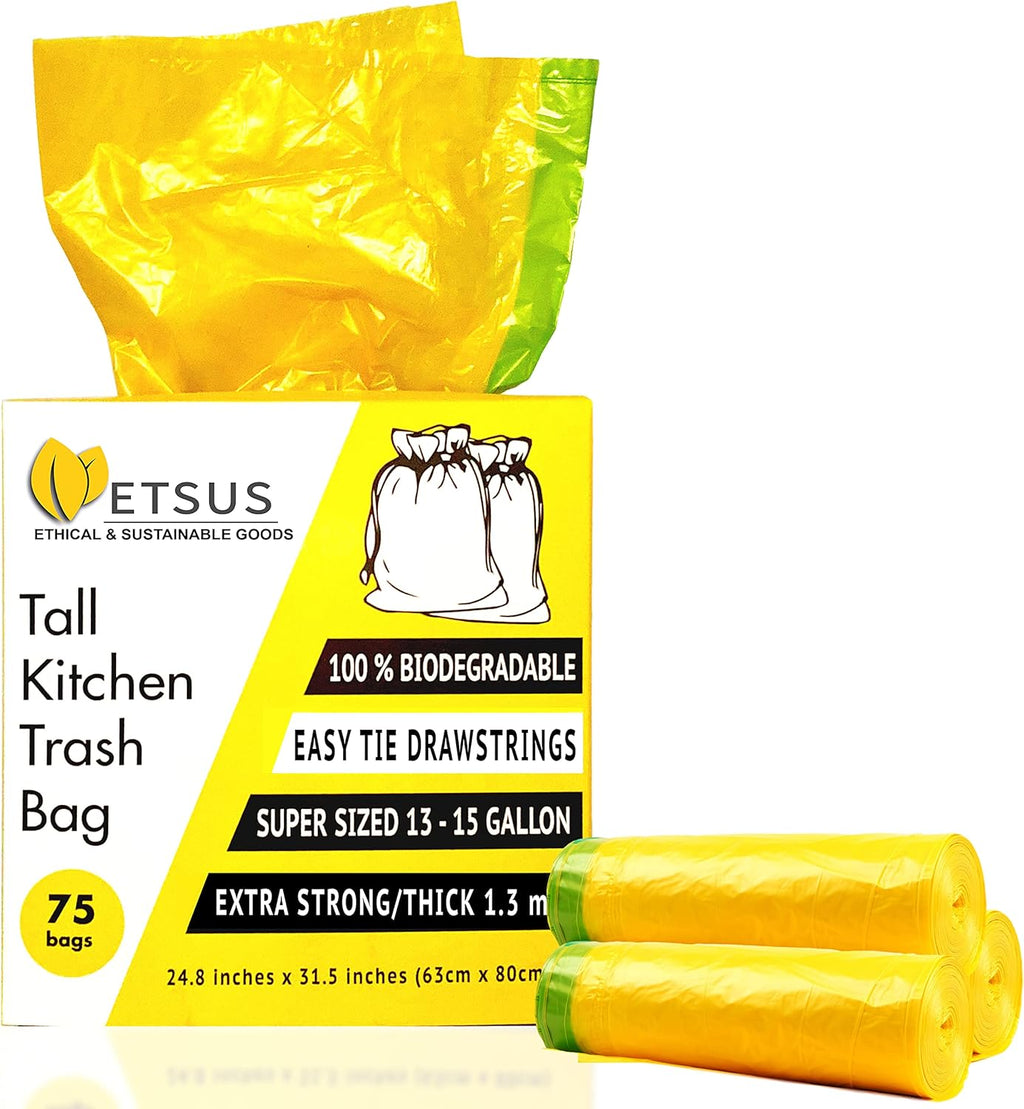13 Gallon Biodegradable Trash Bags with Drawstrings, 75 Count Plant Based, Code Q Tall Kitchen Compost Bags 50 Liter Bin - Green Garbage Liners - 1.3 mil Thick Heavy Duty and Eco Friendly Trash Bags