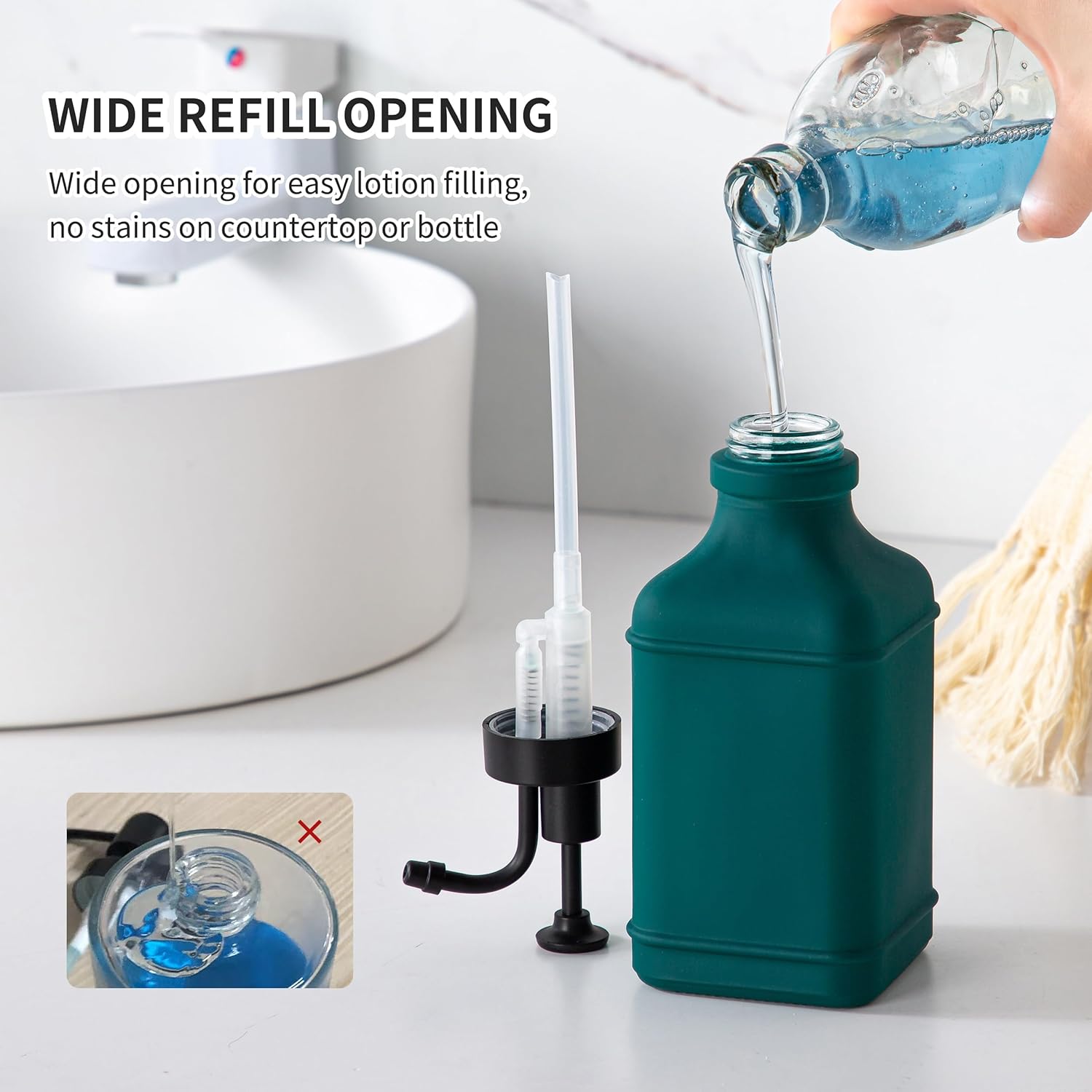 Enra Glass Soap Dispenser with Clear Window,12oz Matte Stainless Steel Hand Pump Dispenser,Hand and Liquid Soap Dispenser Rust Proof Countertop Lotion Bottle (Green-Square-Liquid)