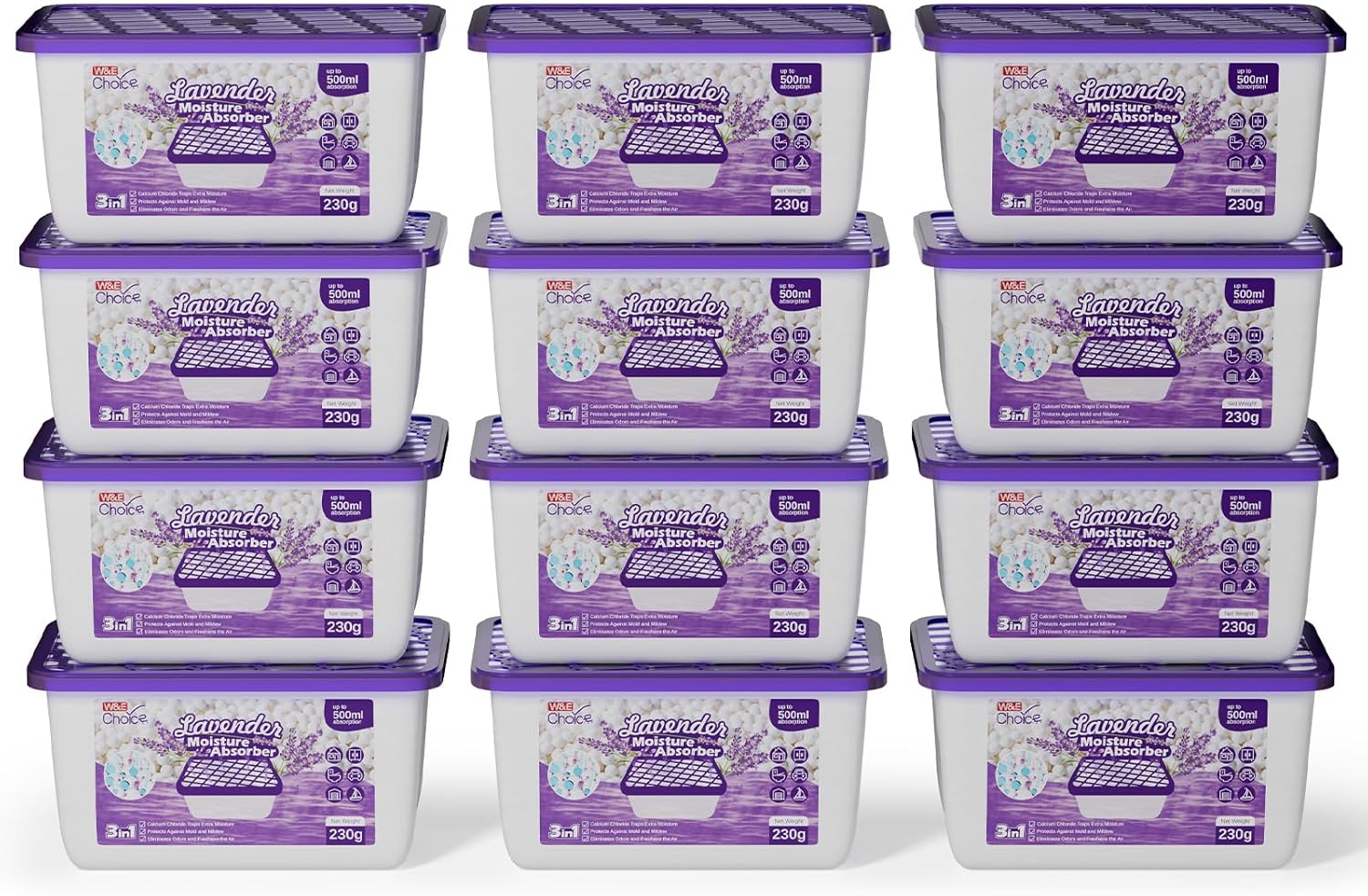 W&E Choice Moisture Absorbers with Lavender Scent, Portable Dehumidifier for Closet & Bathrooms, Kitchen, Humidity Absorber Odor Eliminator Absorber, 12Pack