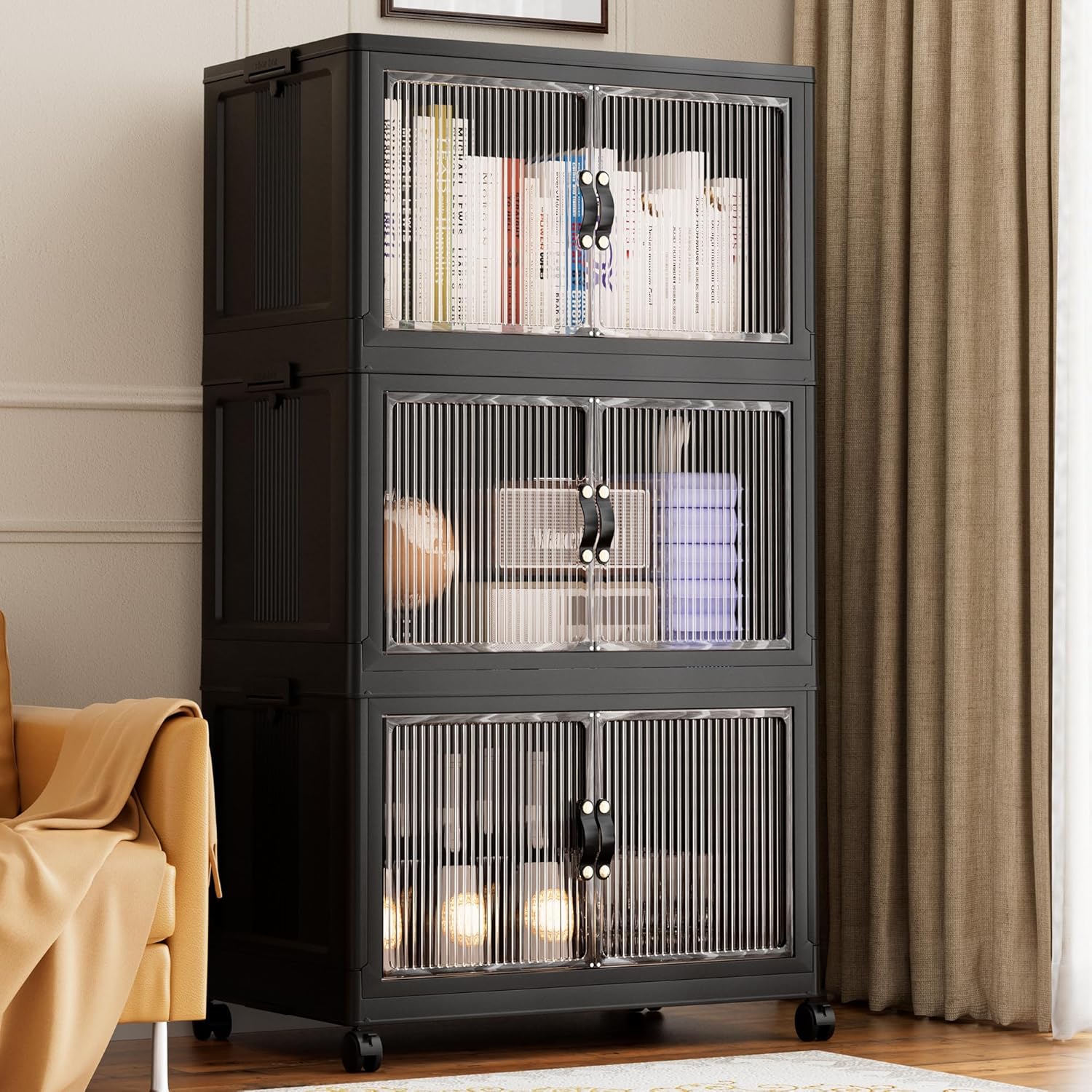 Jalove 50QT Plastic Storage Bins with lids, Stackable Collapsible Storage Containers with Wheels, Closet Organizer and Storage Drawers, Clothes Storage Cabinet for Home Office Garage, 1 Pack Black