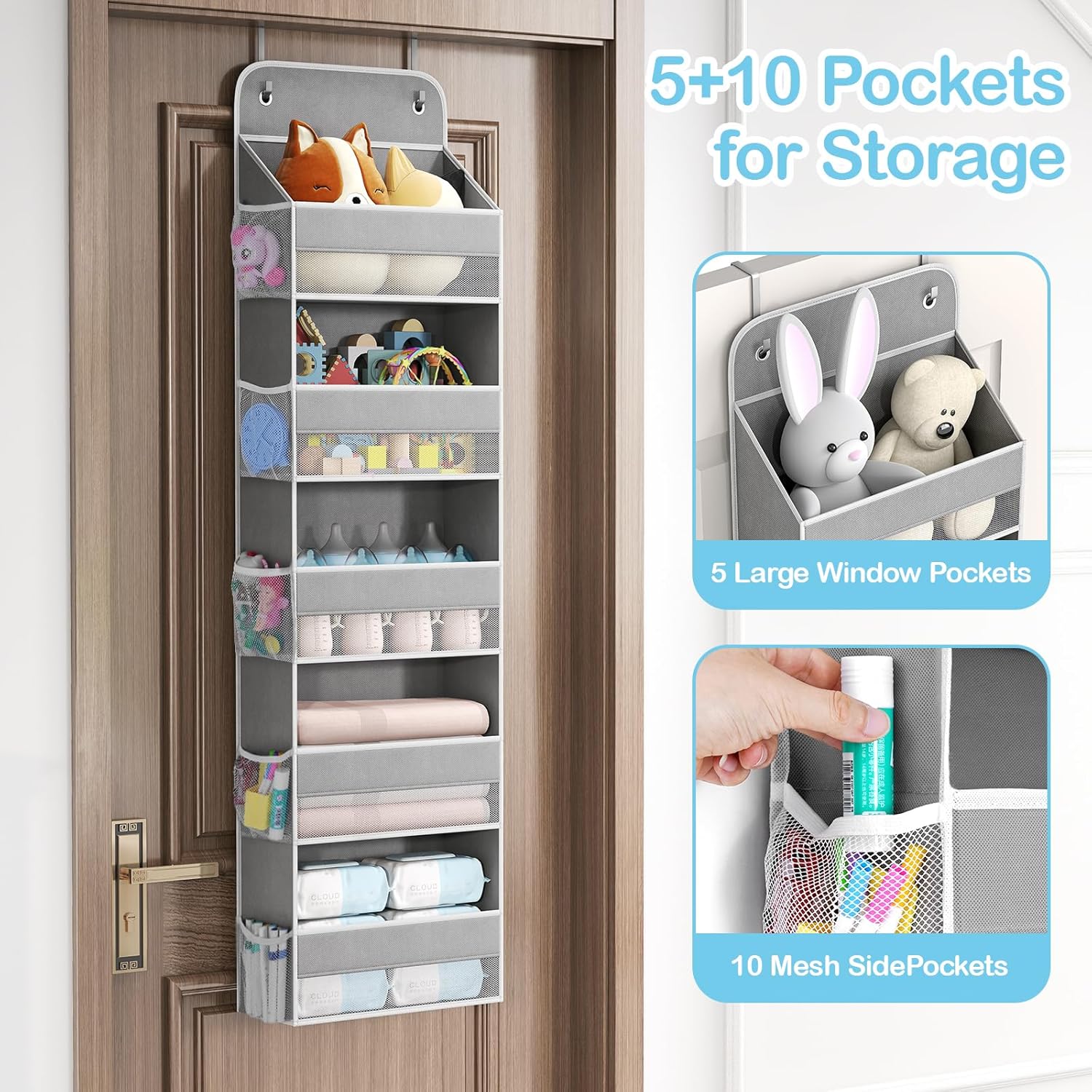 LAMU 5 Tier Over the Door Organizer Hanging, 5 Large Pockets and 10 Side Pockets Behind Door Storage for Baby Toys, 44lbs Back of Door Organizers Shelf for Closet, Nursery and Bathroom, 1 Pack (Grey)
