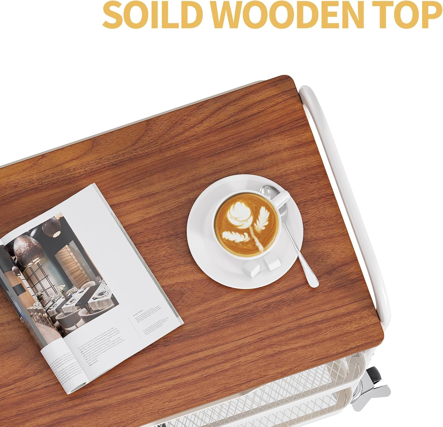 TOOLF 3-Tier Metal Utility Rolling Cart with Drawer & Wooden Table Top, Storage Cart White Trolley Kitchen Organizer Rolling Desk with Locking Wheels for Office, Classroom, Dorm, Bedroom