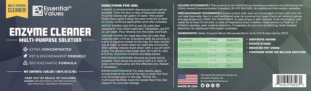 Enzyme Cleaner (1 Gallon / 128 Fl OZ), Drain Cleaner, Made in USA – Multi-Purpose Solution- Stop Odors in its Tracks | Odor Eliminator, Stain Remover, General Cleaning – for Residential & Commercial