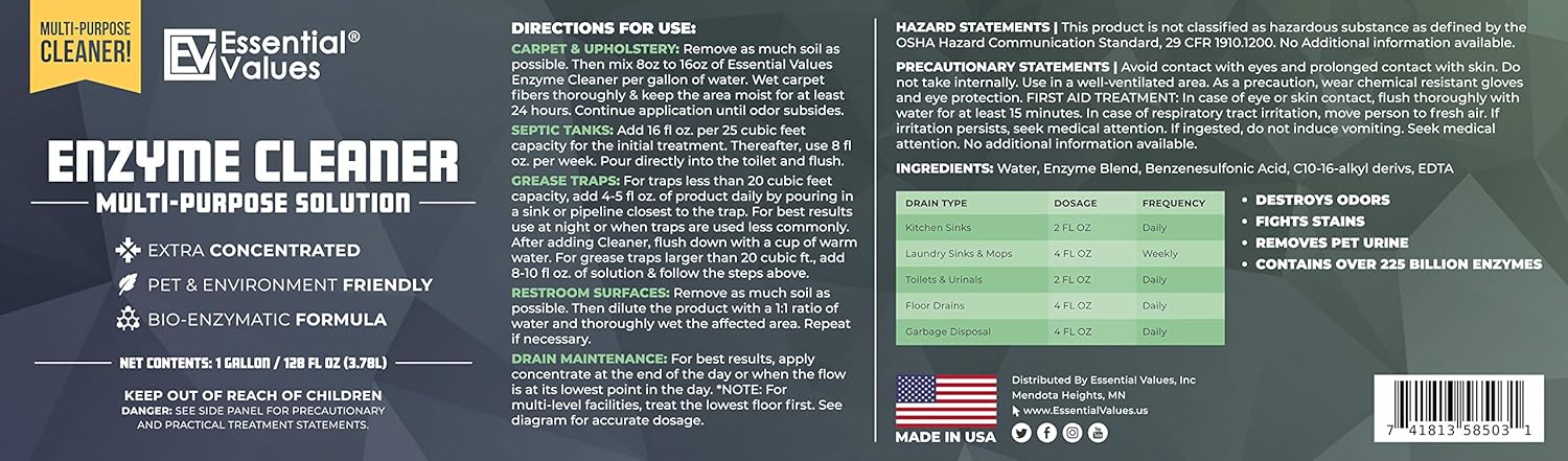 Enzyme Cleaner (1 Gallon / 128 Fl OZ), Drain Cleaner, Made in USA – Multi-Purpose Solution- Stop Odors in its Tracks | Odor Eliminator, Stain Remover, General Cleaning – for Residential & Commercial