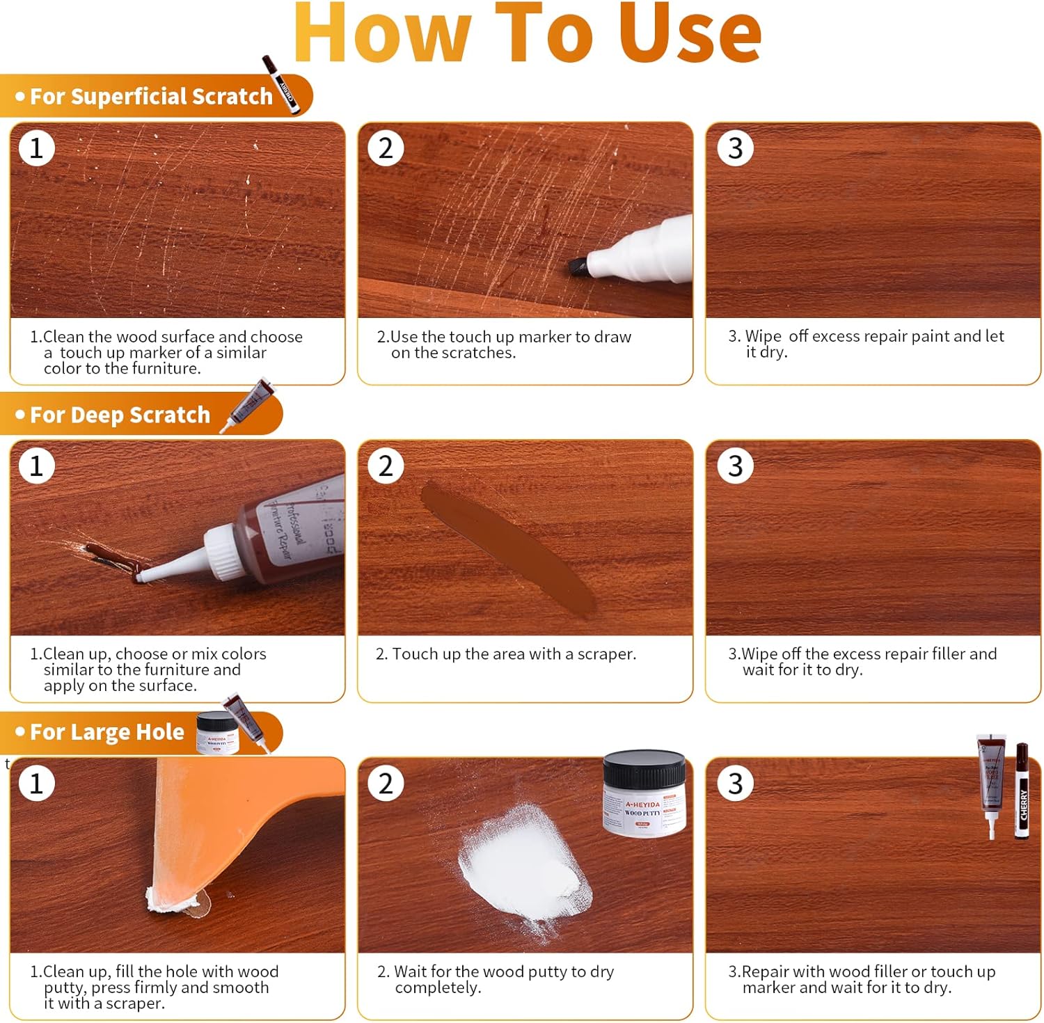 Wood Floor Scratch Repair - Set of 39 - Hardwood Floor Repair Kit Wood Filler Putty, Wood Markers Furniture Repair Kit Touch Up Pens for Scratch Stain Hole, Restore Laminate Vinyl Veneer Cabinet