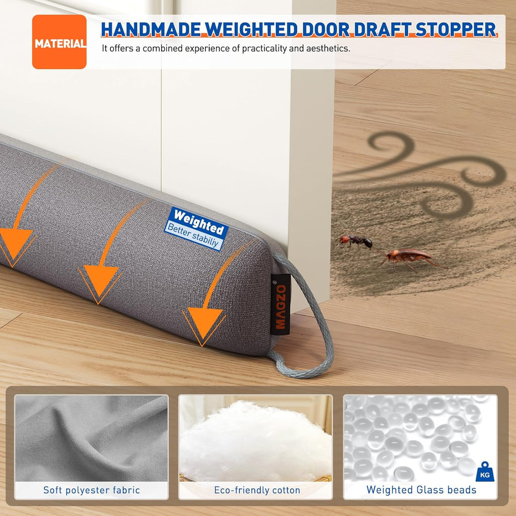 MAGZO Door Draft Stopper, 72 Inch Under Door Draft Blocker Noise Stopper, Weighted Wind Blocker Draft Guard for Bottom of Door, Gray