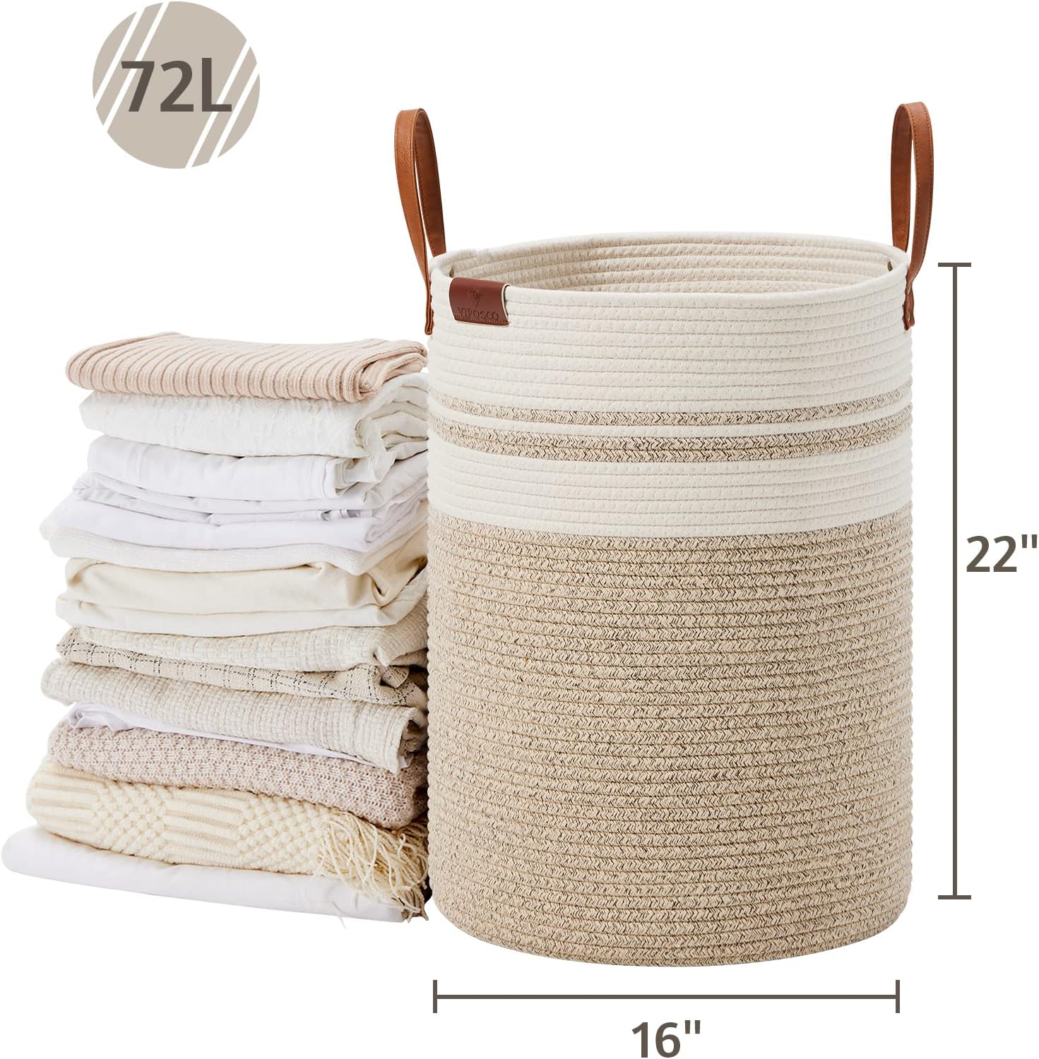 VIPOSCO Tall Laundry Basket, Large Dirty Clothes Hamper with Leather Handle, Woven Rope Storage Basket for Blanket, Toy In Living Room, Bathroom, Bedroom - 72L Brown & White