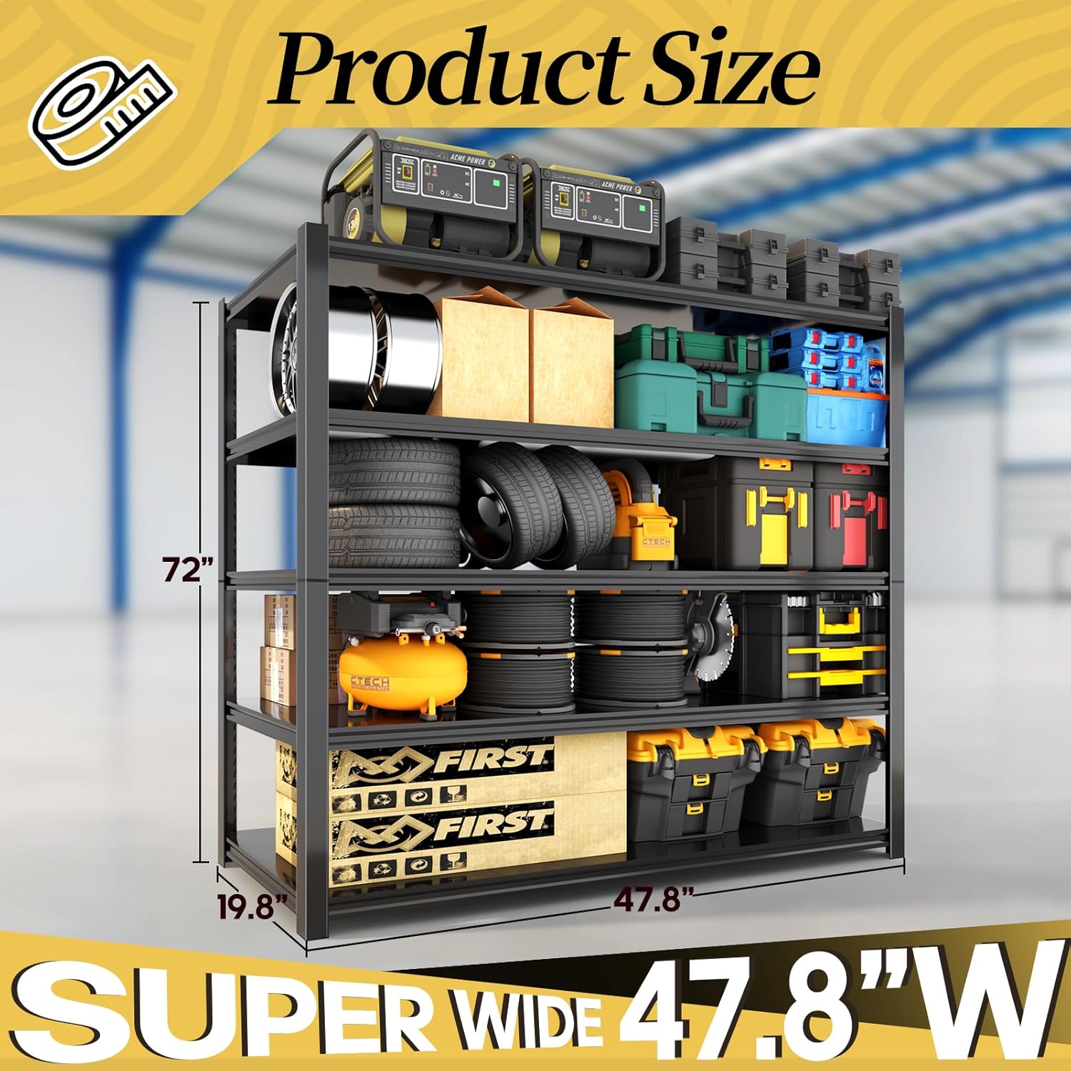 47.8" W Heavy Duty Garage Shelving 3000LBS Storage Shelves, Adjustable 5-Tier Storage Rack, Metal Shelves for Garage/Warehouse/Basement, 47.8" W x 19.8" D x 72" H, 3 Pack