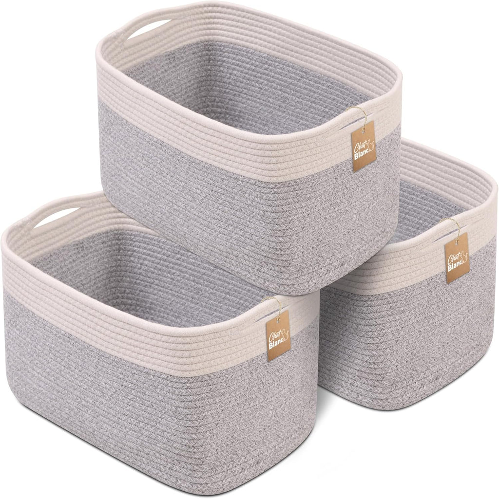 CHAT BLANC Cotton Rope Baskets for Organizing | Storage Baskets for Shelves | Rope Basket for Storage, Small Laundry Baskets, Woven Baskets for Storage, Dog Toy Bin, Baby Basket,Off White &Gray 3 Pack