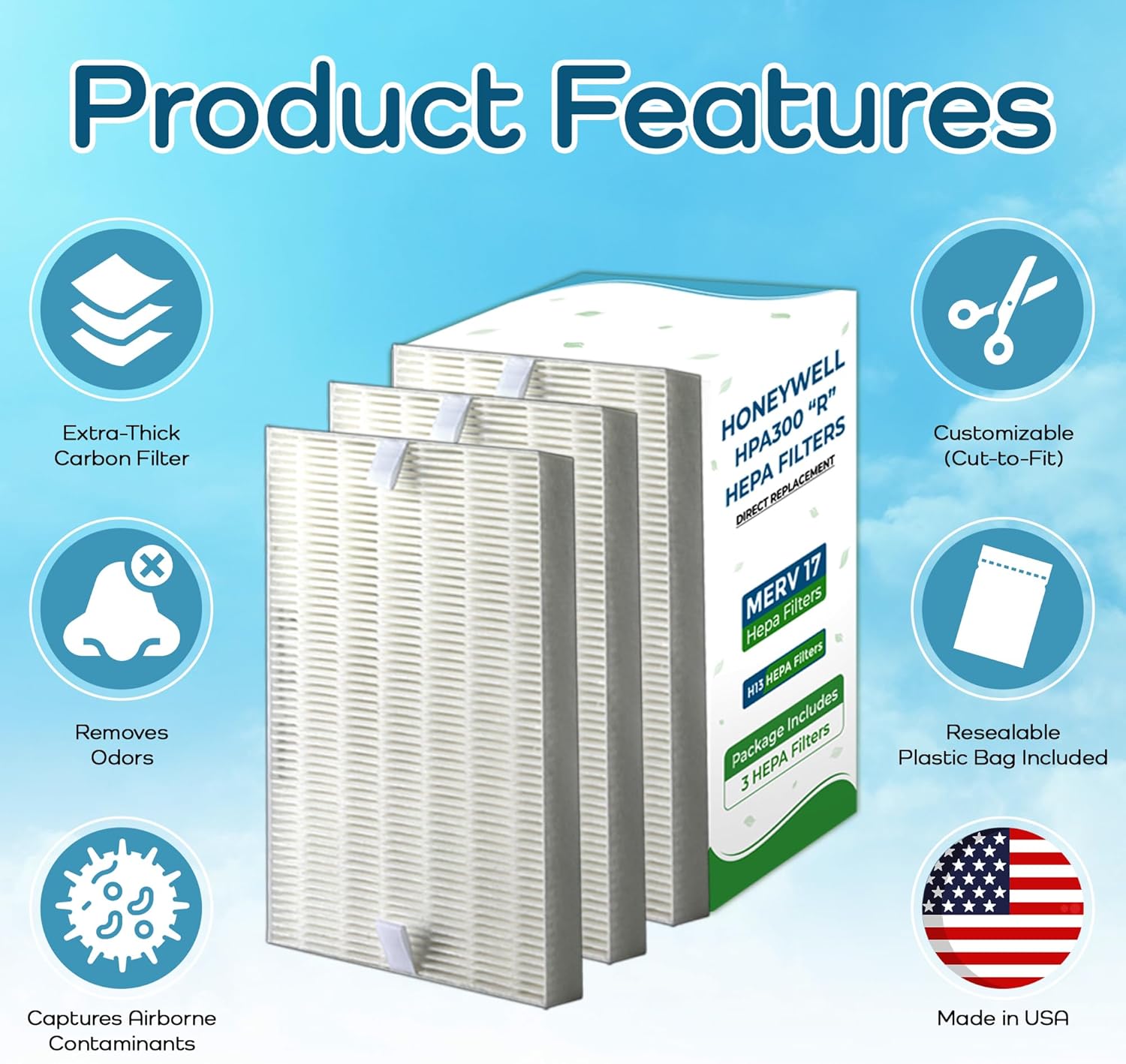 Breathe Naturally "R" Replacement Air Filters Compatible with Honeywell Air Purifier HPA300, HPA200 and HPA100 Series - True Honeywell HEPA Filter for Home Purifiers -7.5"x10.25"x1.5" (3 HEPA Filters)