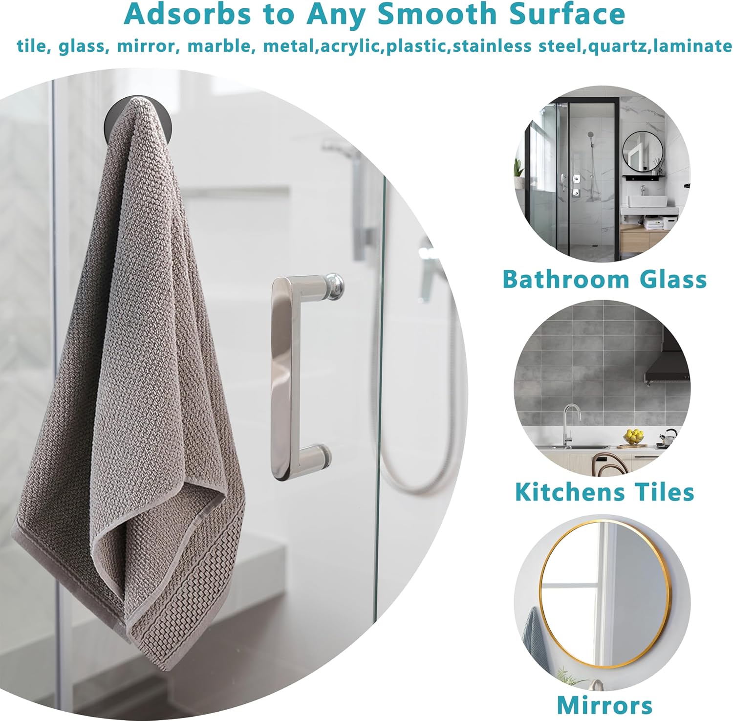 Suction Cup Hooks for Shower,Removable No Drill Towel Hooks,Upgraded 15 lbs Strong Suction hooks for Bathroom Tile,Shower Wall,Glass Door,Kitchen-Loofah,Coat,Stainless Waterproof-Matte Black 4 Pcs