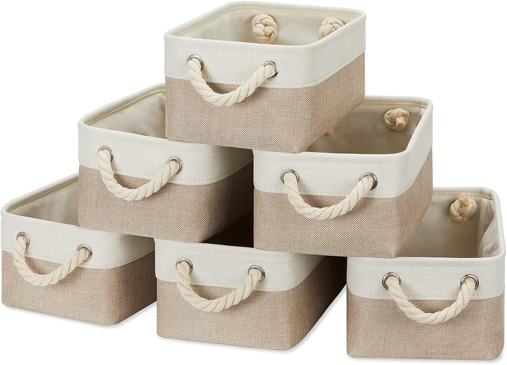 Temary Small Fabric Storage Baskets 6 Pcs Decorative Baskets Bins for Gifts Empty Foldable Storage Basket with Handles for Organizing Shelf, Towels (White&Khaki,11.8 L x 7.9 W x 5.3 H inches)