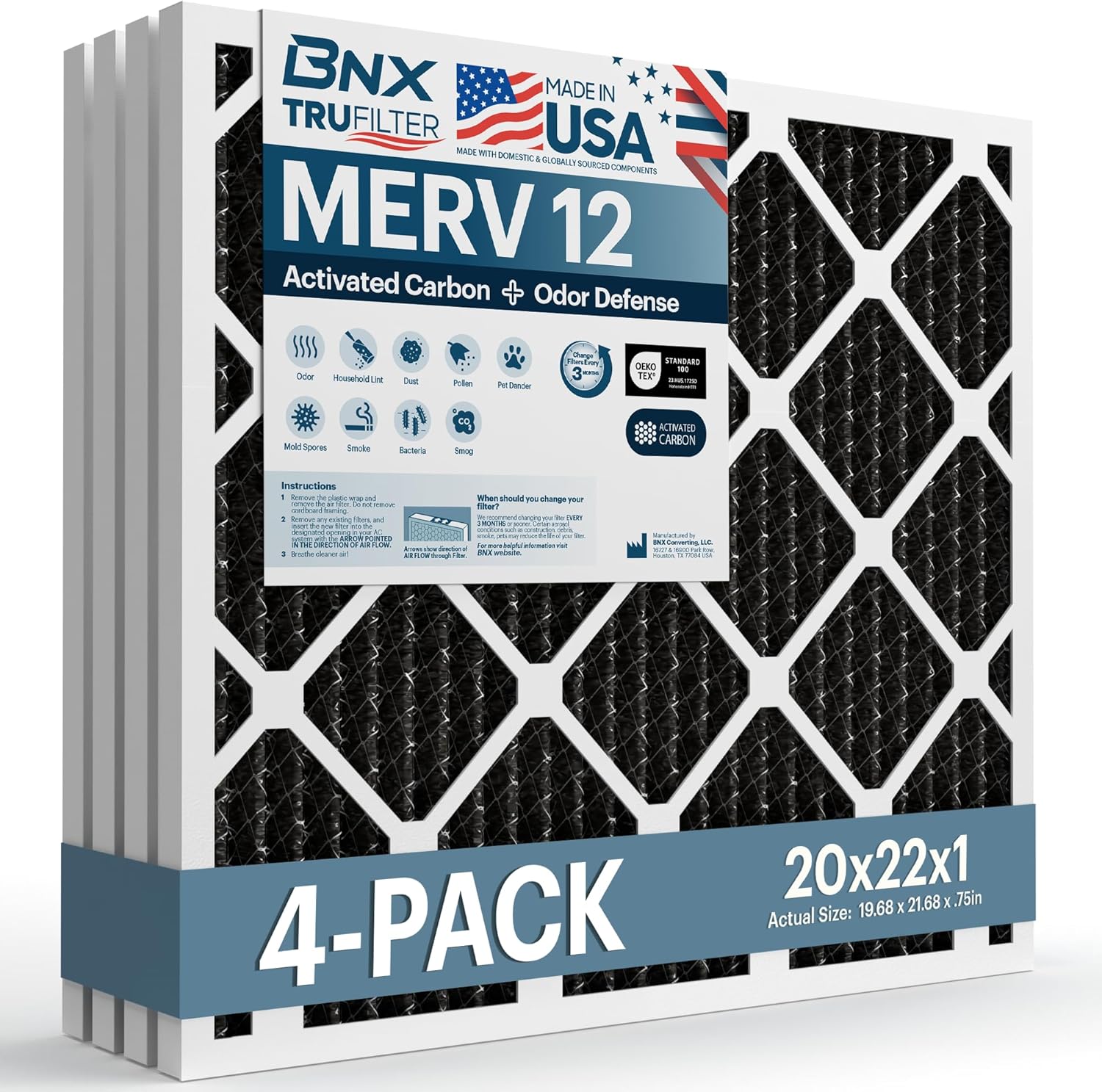BNX TruFilter 20x22x1 MERV 12 Odor Defense (4-Pack) AC Furnace Air Filter with Activated Carbon - MADE IN USA - Pleated Air Conditioner HVAC AC Furnace Filters - Removes Odor, Mold, Bacteria, Smoke