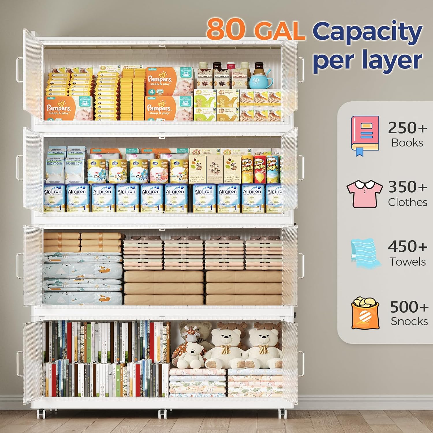 320GAL Extra Large Storage Bins with Lid, 1280QT Collapsible Organizer with Wheels, Stackable Closet Cabinet with Doors, Folding Storage Containers for Home, Office, Dorm, 4Pack White