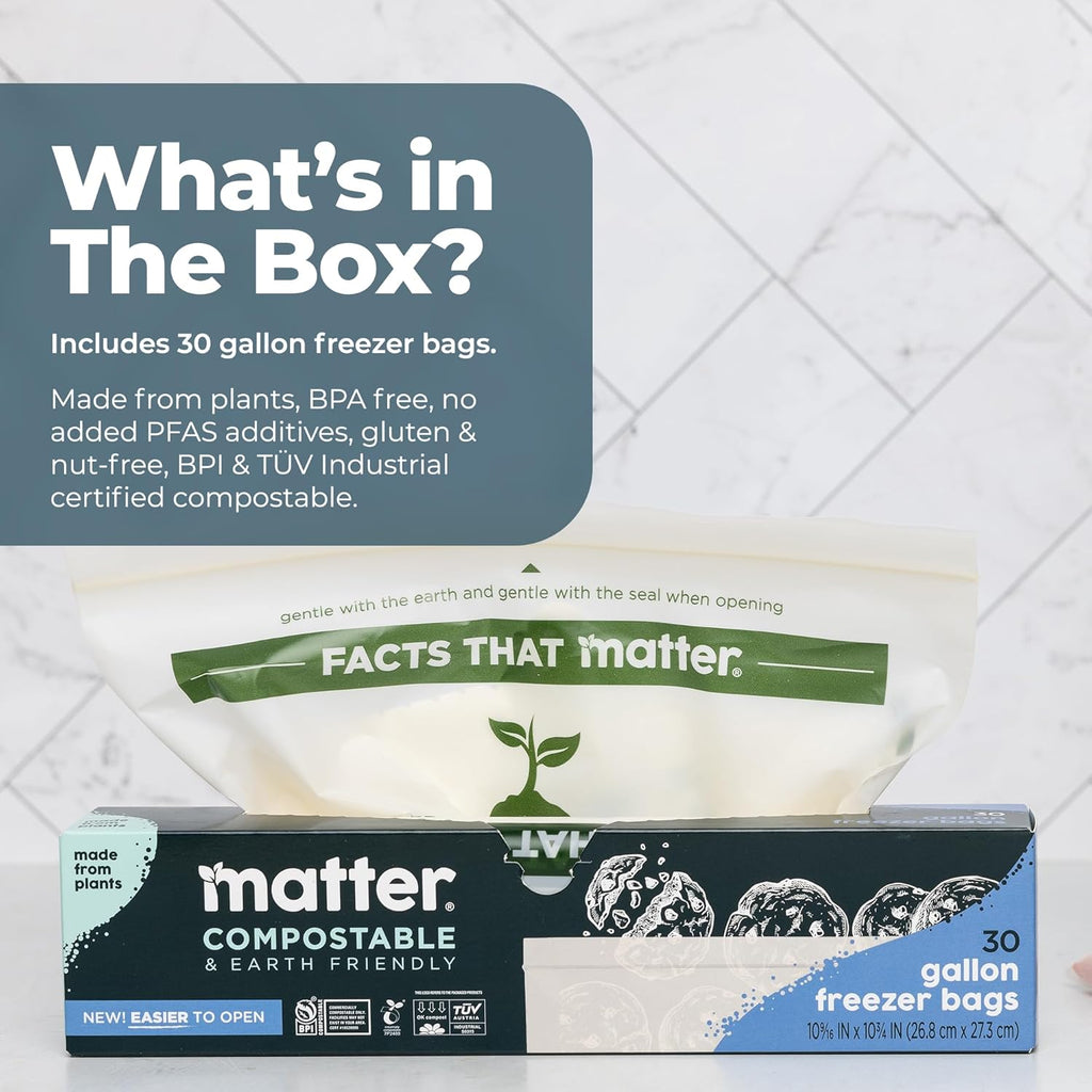 Matter Compostable Gallon Freezer Bags for Food Storage, Eco-Friendly, Resealable, Food Storage Bags, 30 Count