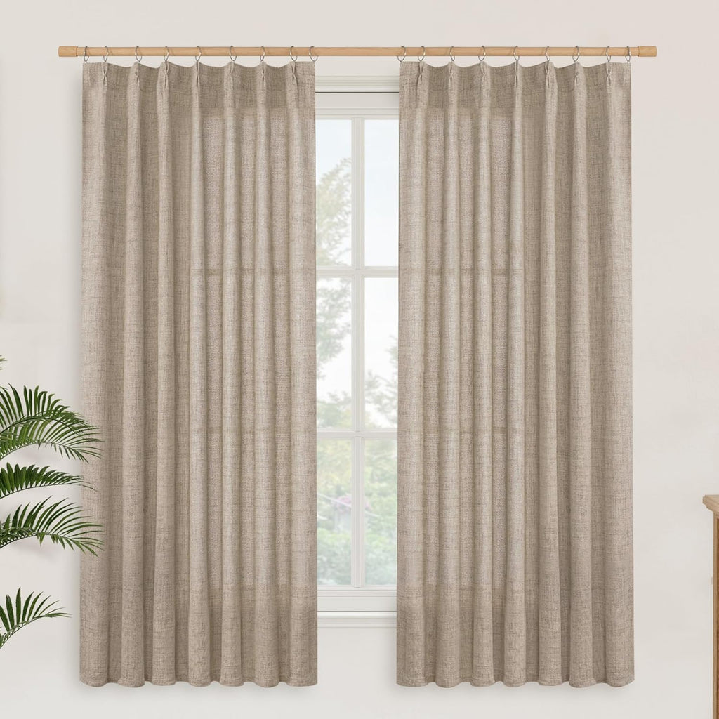 YoungsTex Oatmeal Linen Semi Sheer Curtains 63 Inch Length for Living Room, Light Filtering Window Drapes with Back Tab for Bedroom, 2 Panels, 40 X 63 Inch