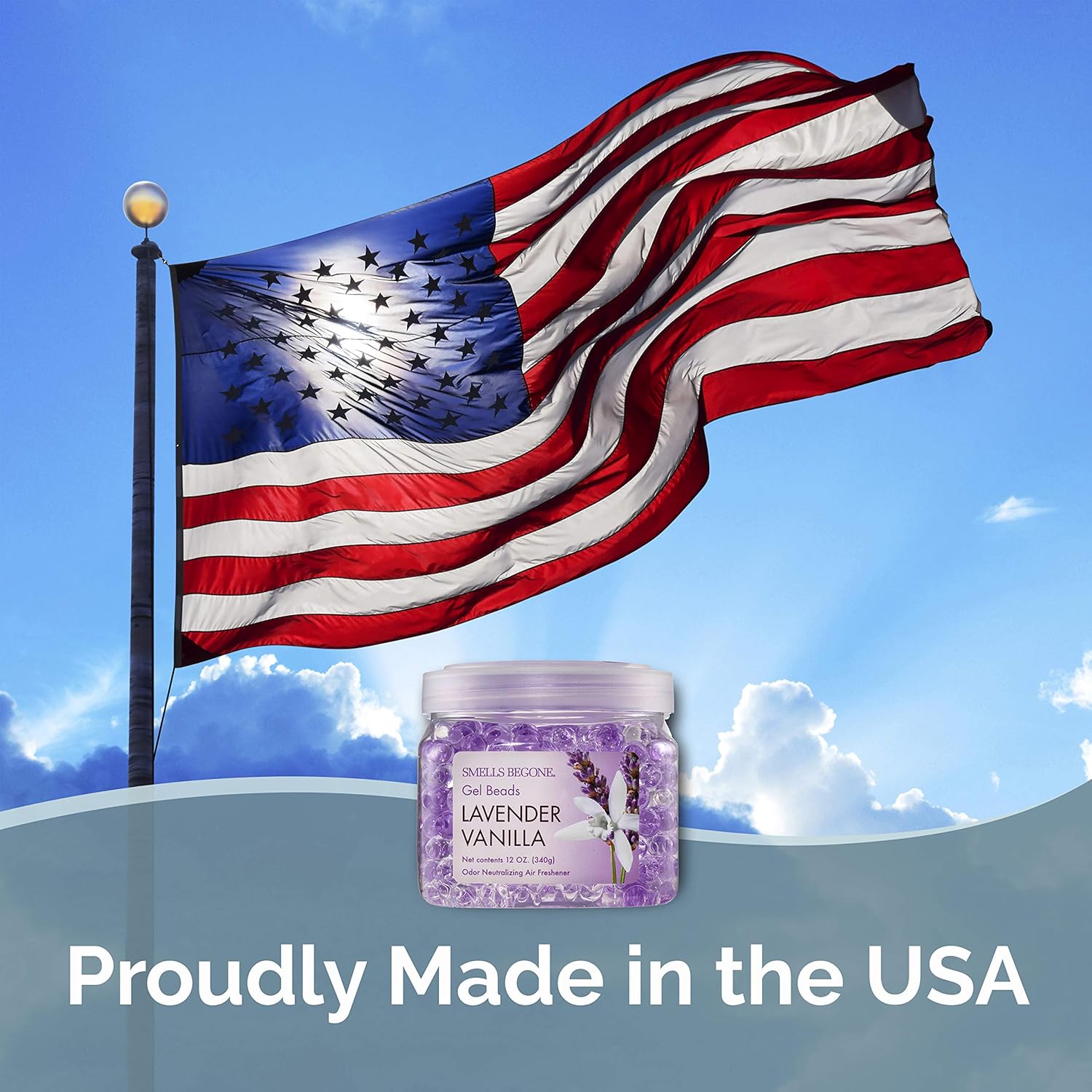 SMELLS BEGONE Odor Eliminator Gel Beads - 12 oz, Pack of 6 - Eliminates Odor in Bathrooms, Cars, Boats, RVs & Pet Areas - Air Freshener - Made with Essential Oils - Lavender Vanilla Scent