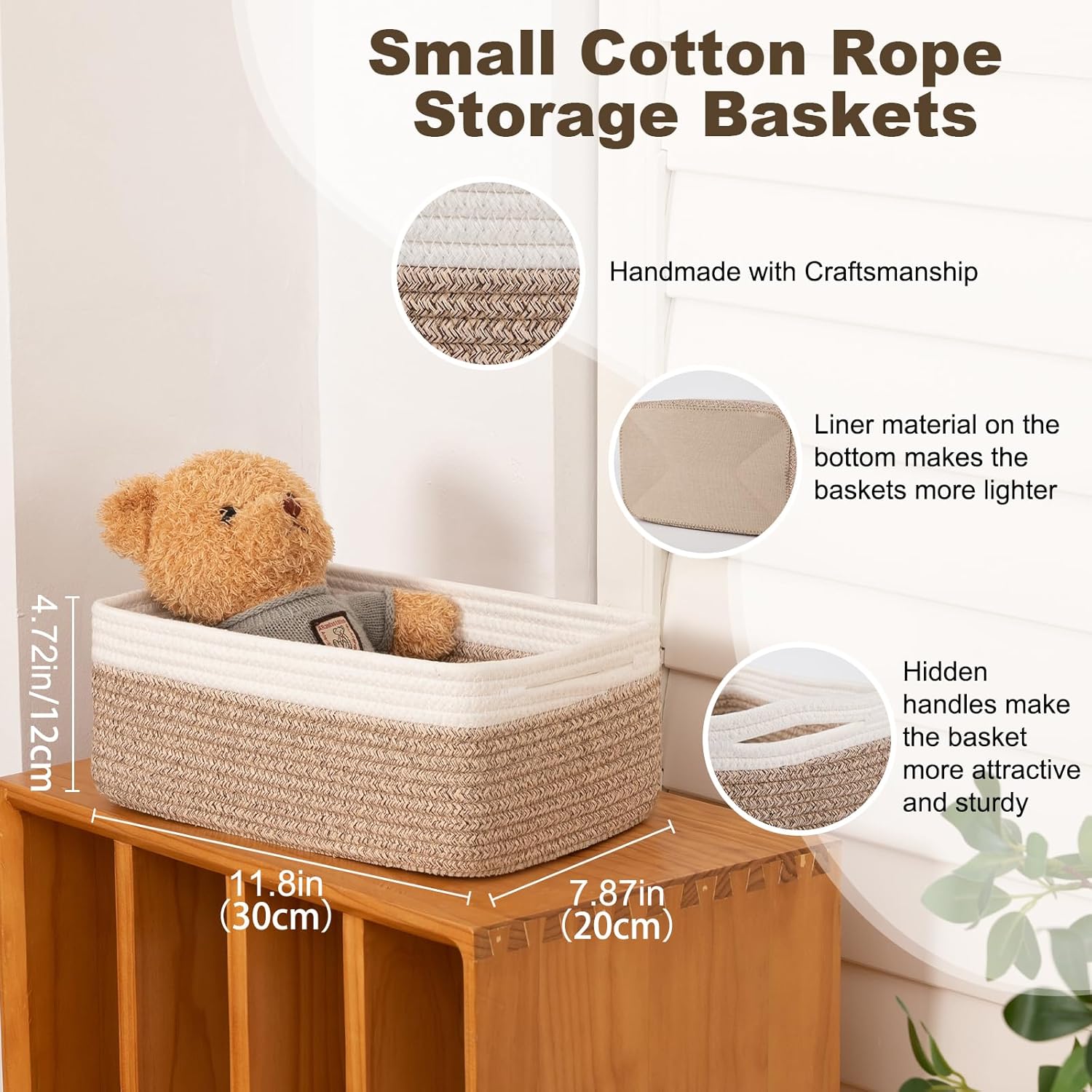 3 Pack Small Storage Baskets for Organizing, Cute Woven Decorative Gift Baskets for Shelves, Mini Closet Organizer Bins with Handles, 11.81''Lx7.87''Wx4.72''H-Brown and White
