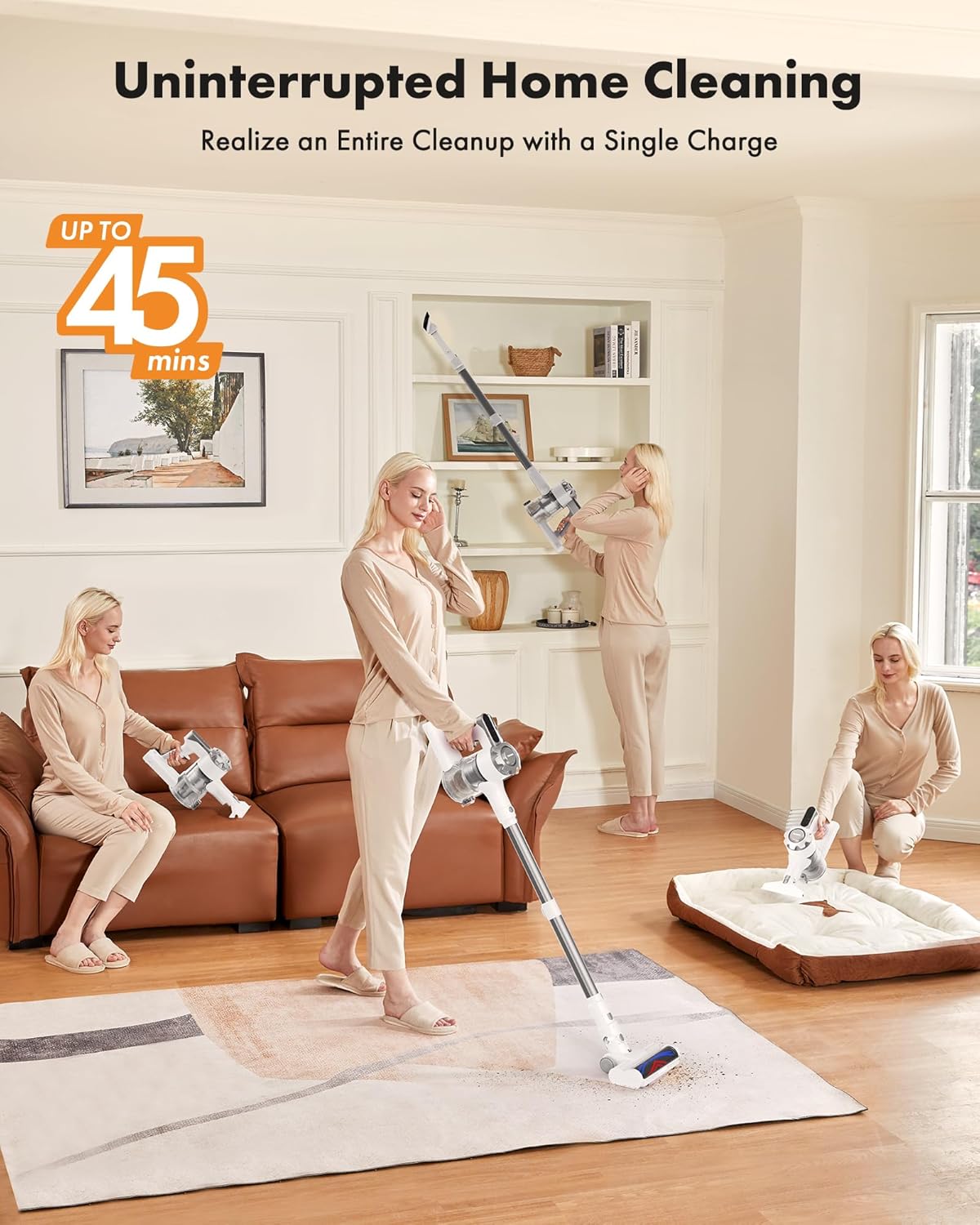 Trucozie Cordless Vacuum Cleaner, 8-in-1 Lightweight Stick Vacuum with 45mins Runtime, Powerful Suction, Rechargeable Cordless Vacuum for Carpet, Tile, Pet Hair, Hardwood Floors, White