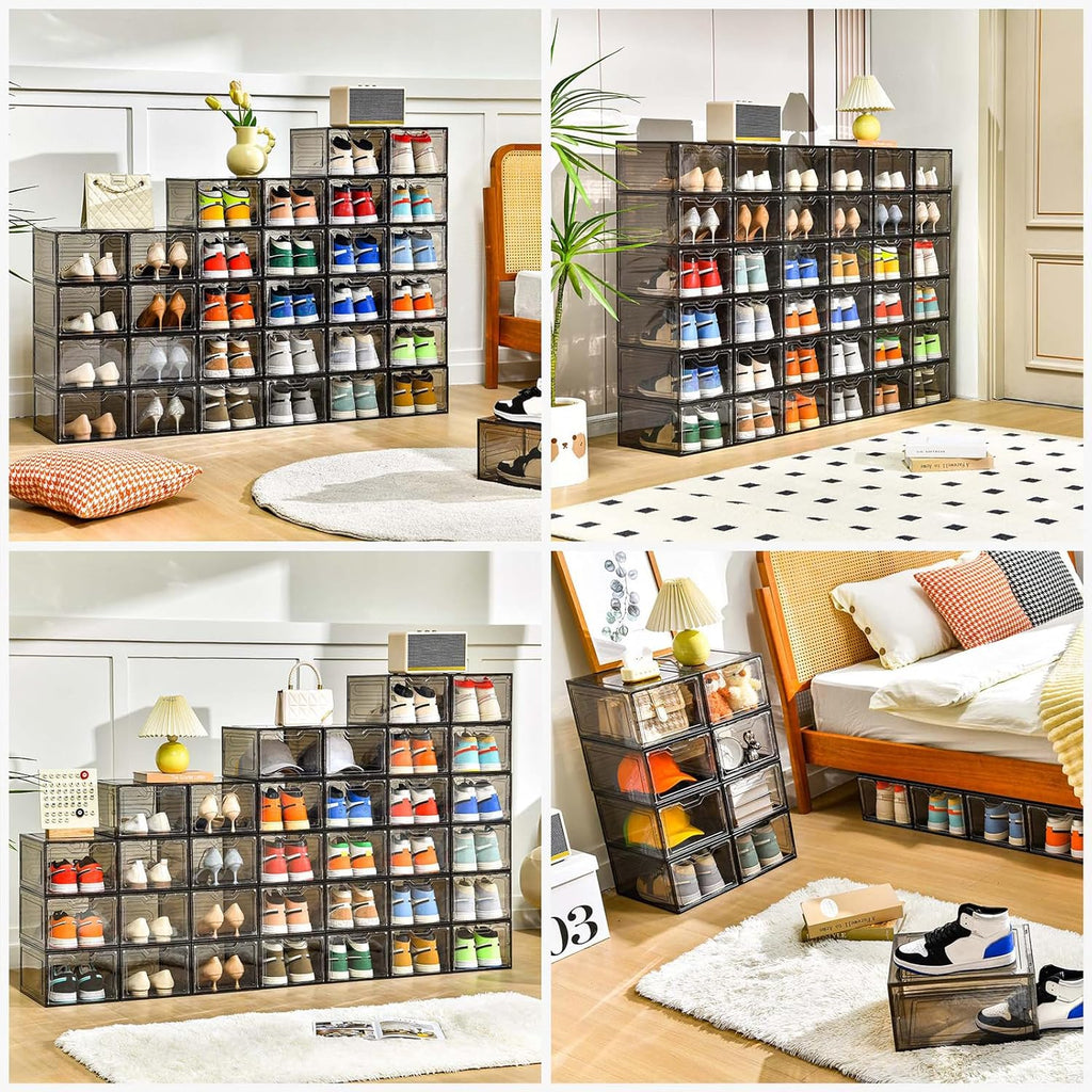 12 Pack Shoe Boxes Shoes Organizer, Shoe Storage Organizer Boxes with Magnetic Door, Clear Shoe Organizers Sneaker Storage Shoe Box for Women/Men, Fit up to US Size 12