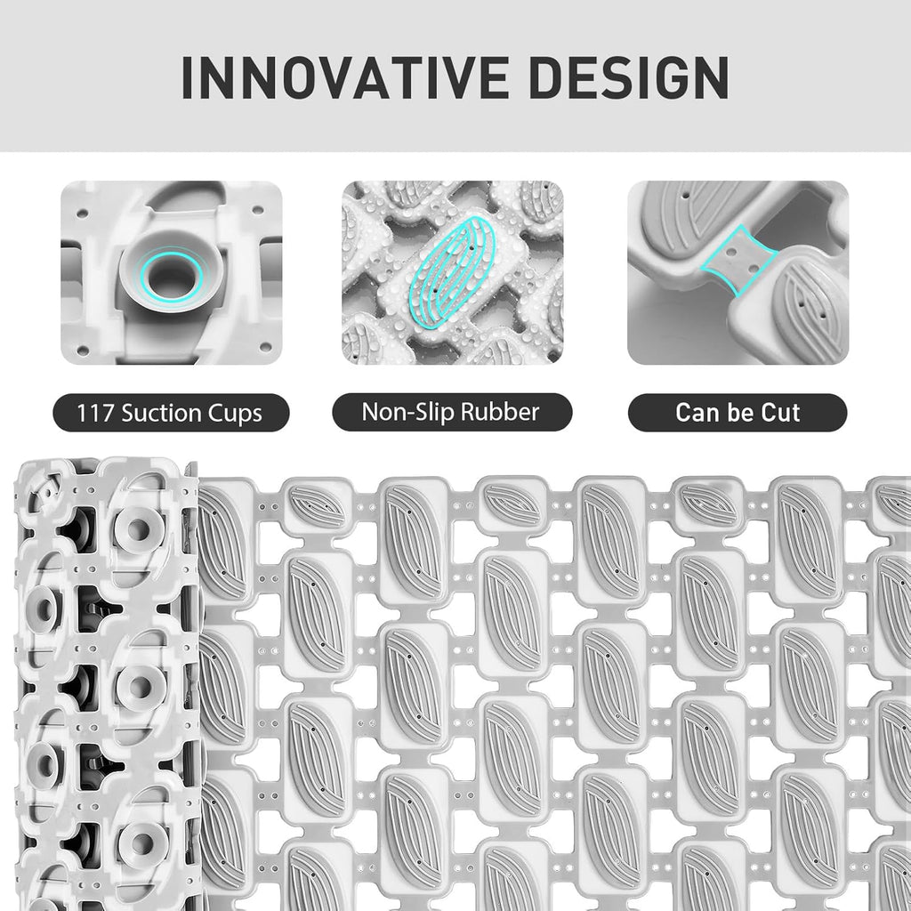 Shower Mat Non Slip Bathtub Mat - 27 x 16 Inch Eco-Friendly Soft Bath Mat for Tub Non Slip Shower Mats for Inside Shower with Suction Cups and Drain Holes, Easy to Clean Quick-Drying, Grey